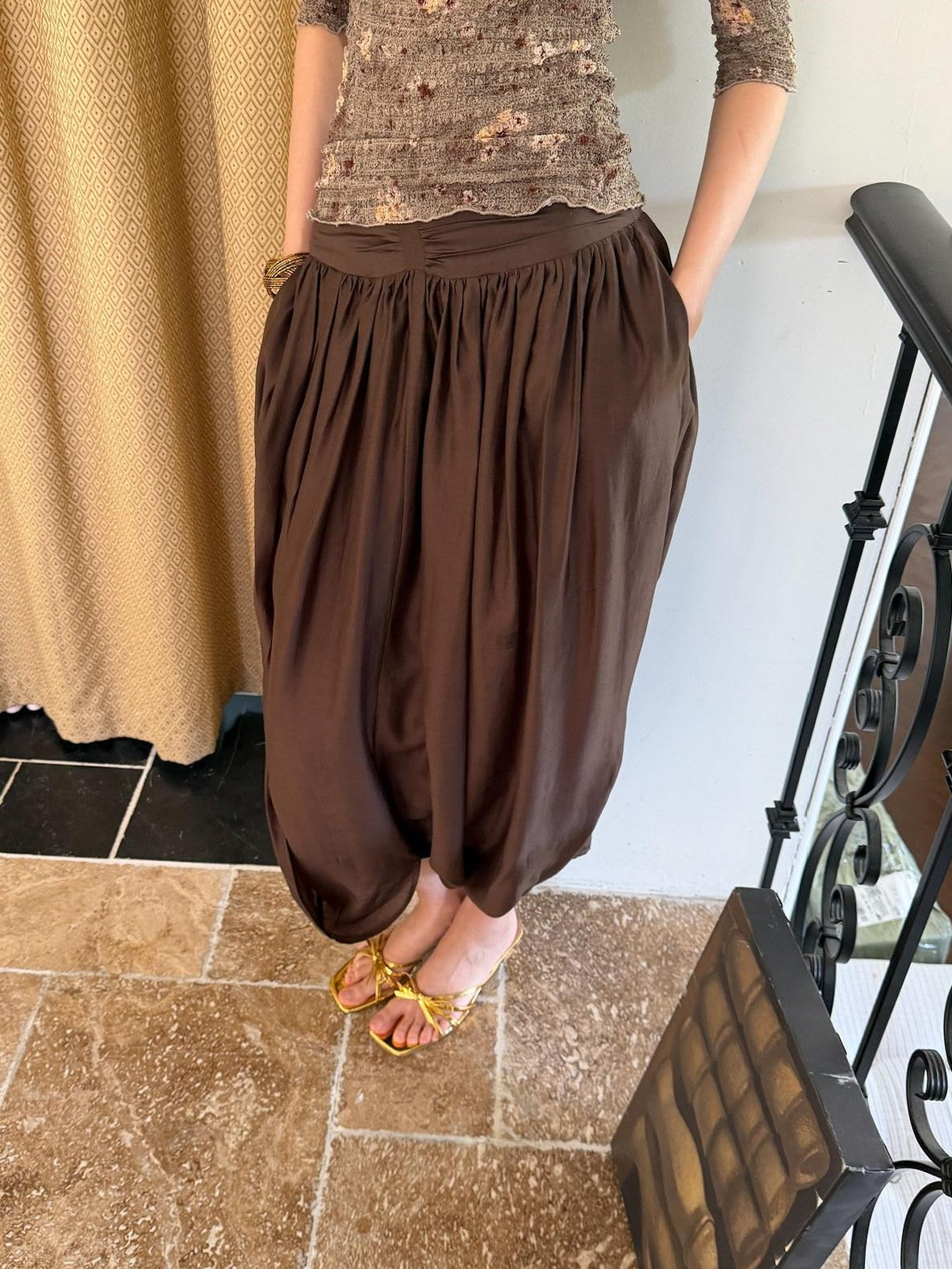 9rotic Coffee Brown Pleated Ruched Bubble Hem Women&