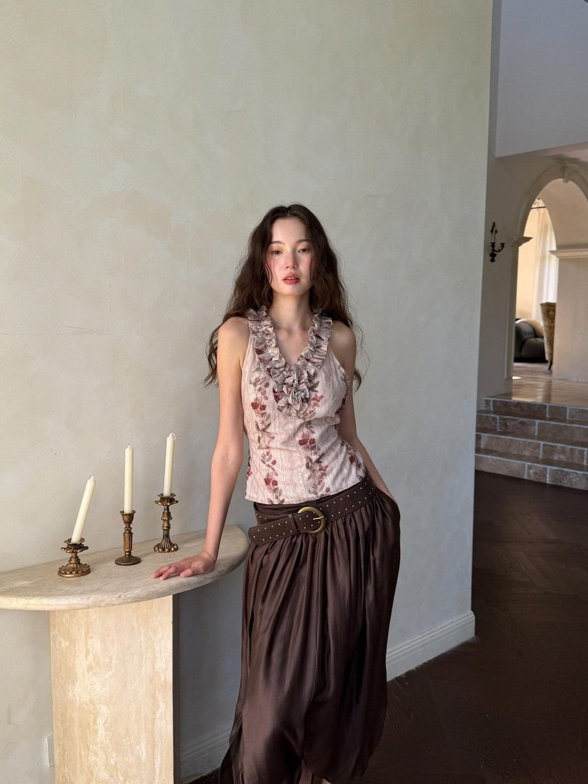 9rotic Coffee Brown Pleated Ruched Bubble Hem Women&