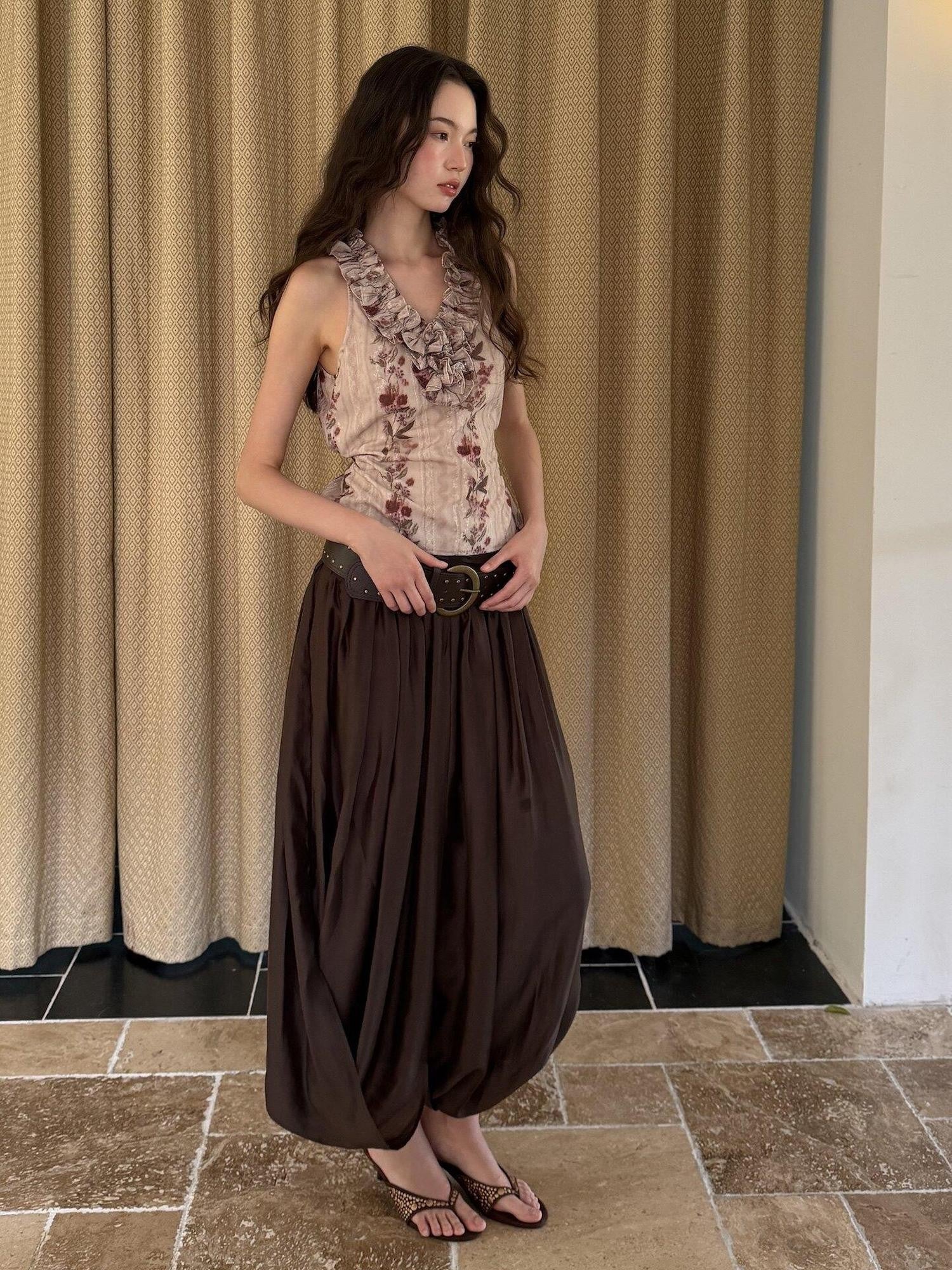 9rotic Coffee Brown Pleated Ruched Bubble Hem Women&