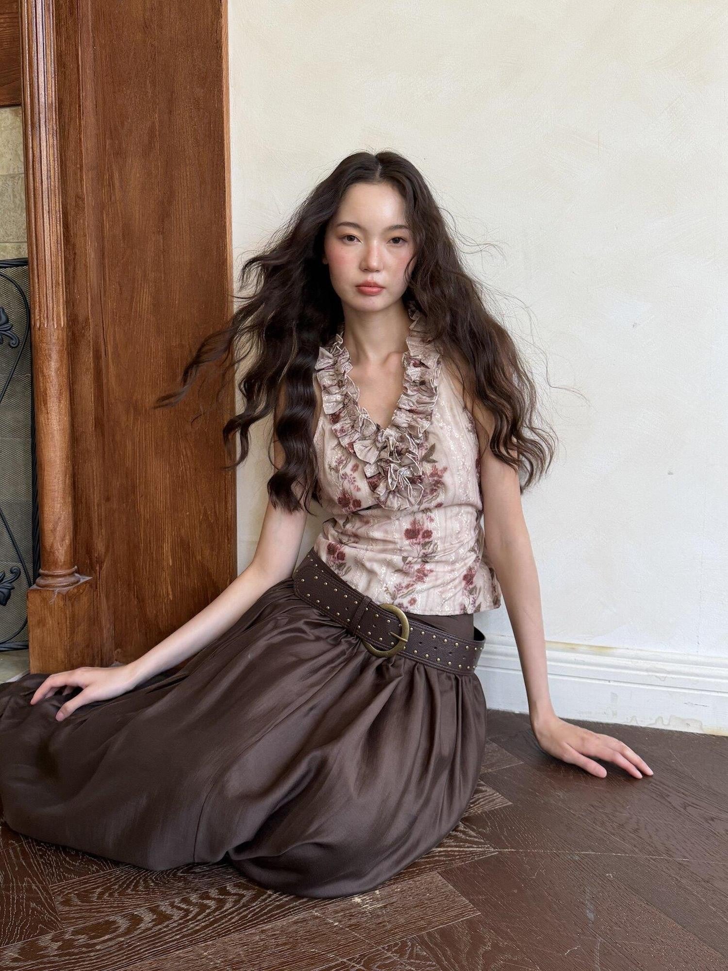 9rotic Coffee Brown Pleated Ruched Bubble Hem Women&