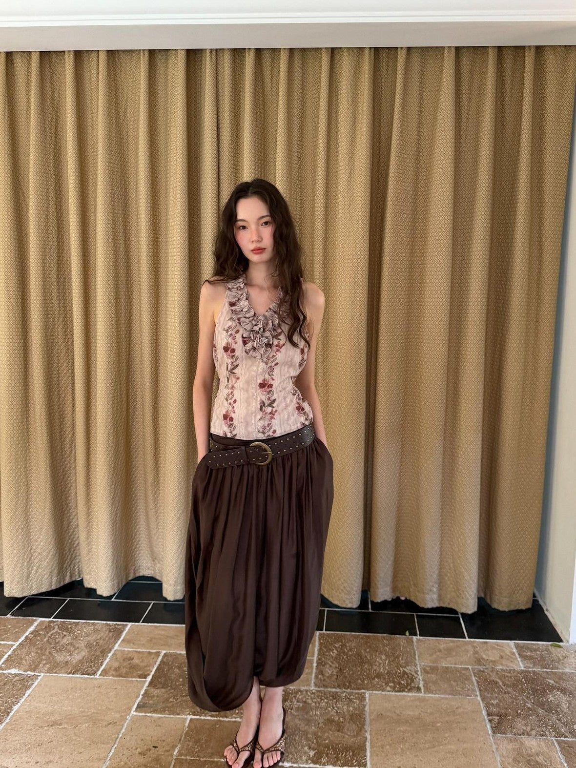 9rotic Coffee Brown Pleated Ruched Bubble Hem Women&