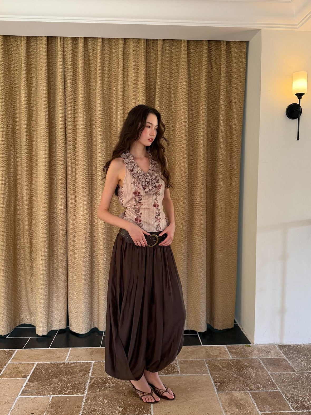 9rotic Coffee Brown Pleated Ruched Bubble Hem Women&