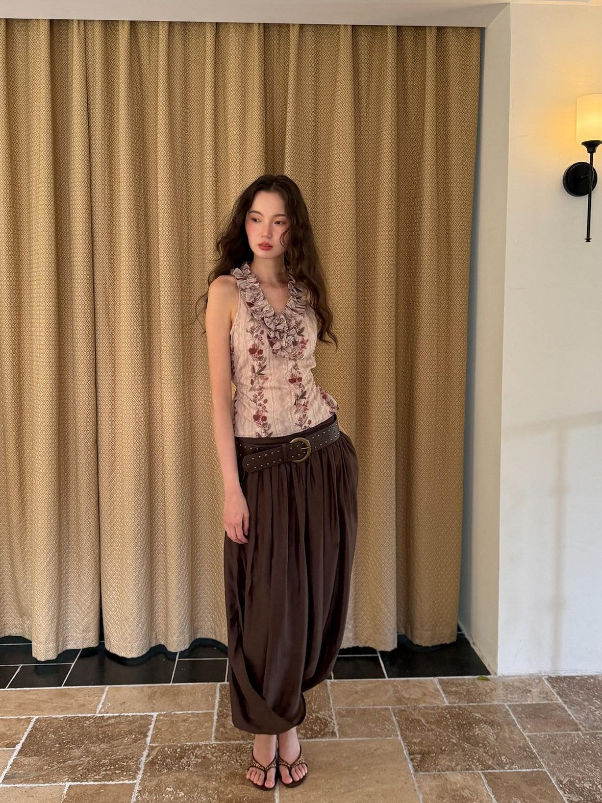 9rotic Coffee Brown Pleated Ruched Bubble Hem Women&
