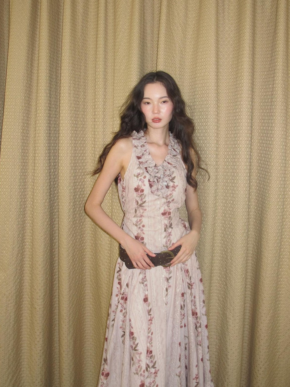 9rotic Floral Embroidered V-neck Ruffle Cinched Waist Tie Women&