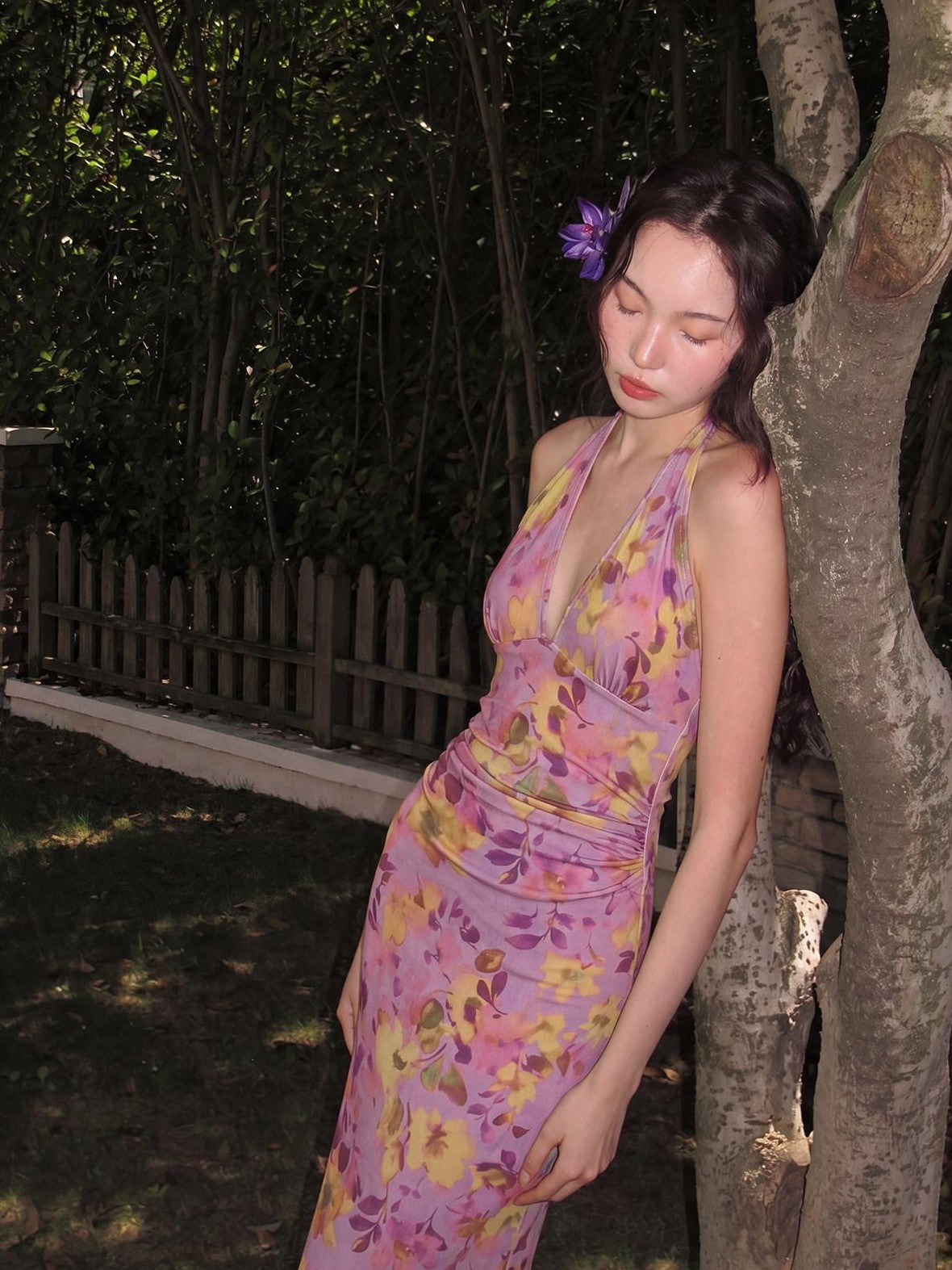 9rotic Purple Ombre Hibiscus V-neck Tie Waist Women&