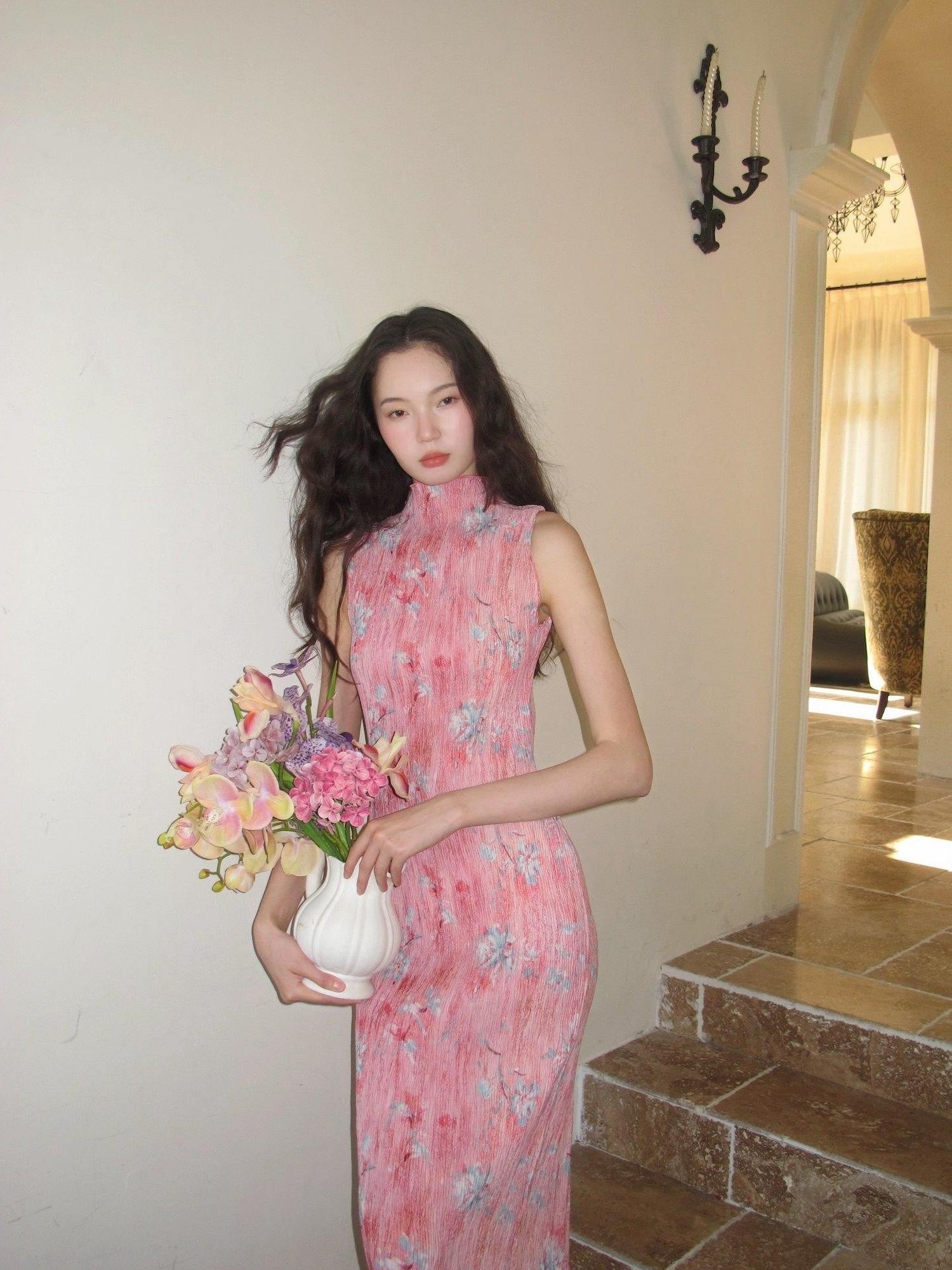 9rotic Soft Pink Ombre Floral Ruched Cinched Waist Women&