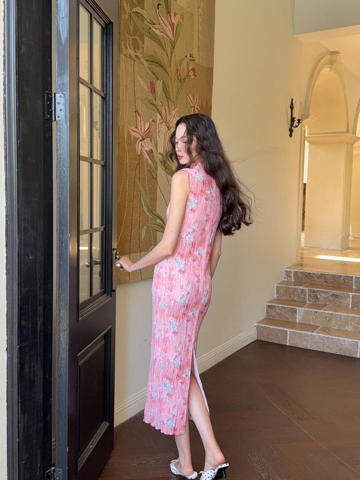 9rotic Soft Pink Ombre Floral Ruched Cinched Waist Women&