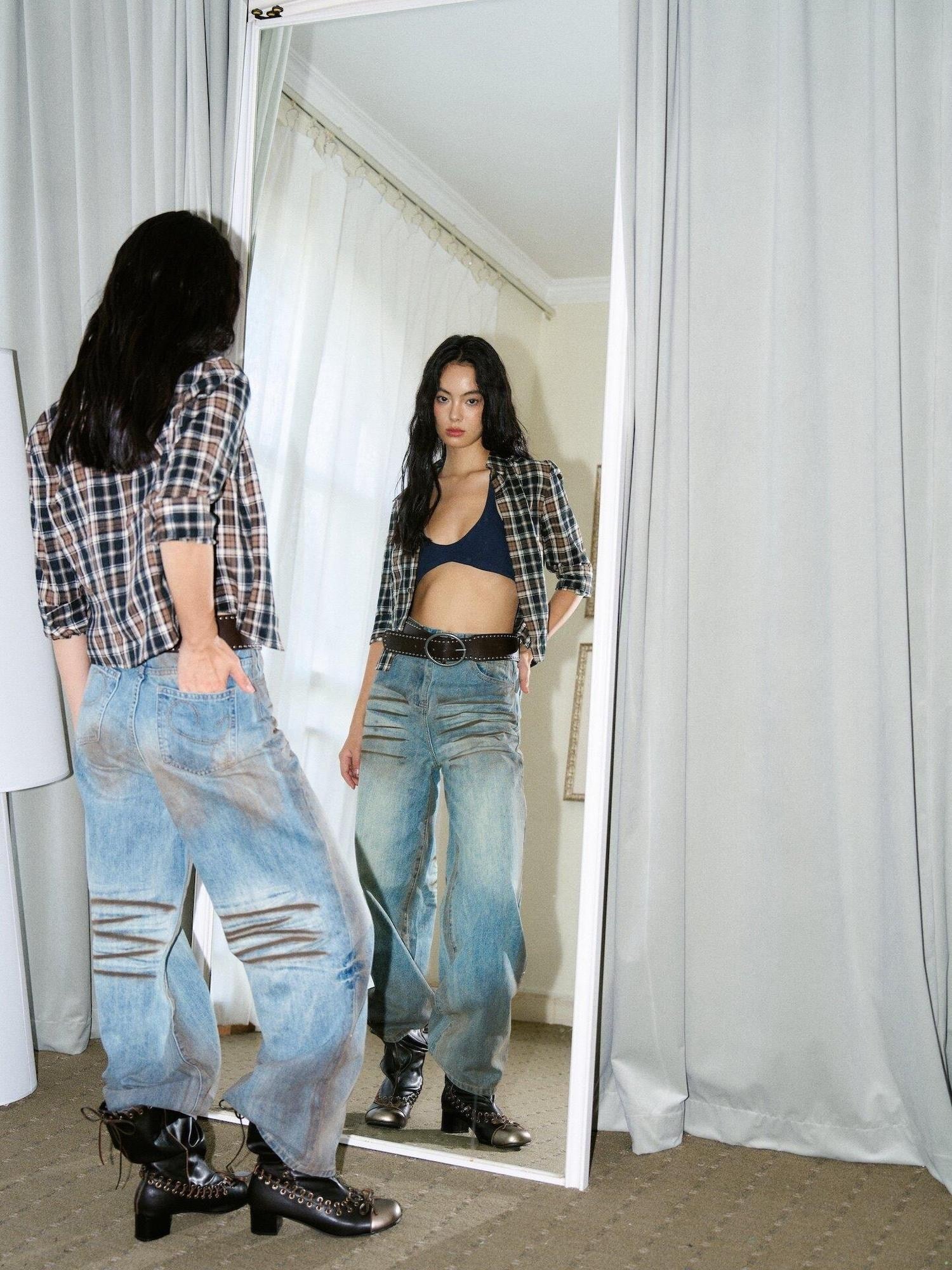 9rotic Washed Vintage Distressed Straight Natural Waist Cotton Denim Women Maxi Dresses