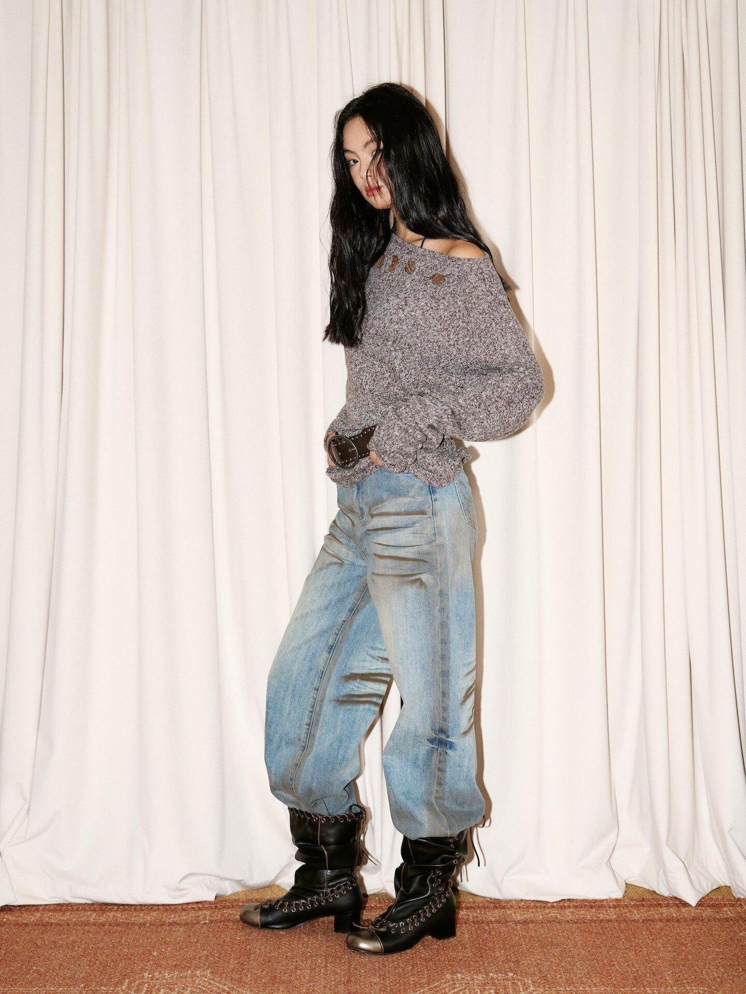 9rotic Washed Vintage Distressed Straight Natural Waist Cotton Denim Women Maxi Dresses