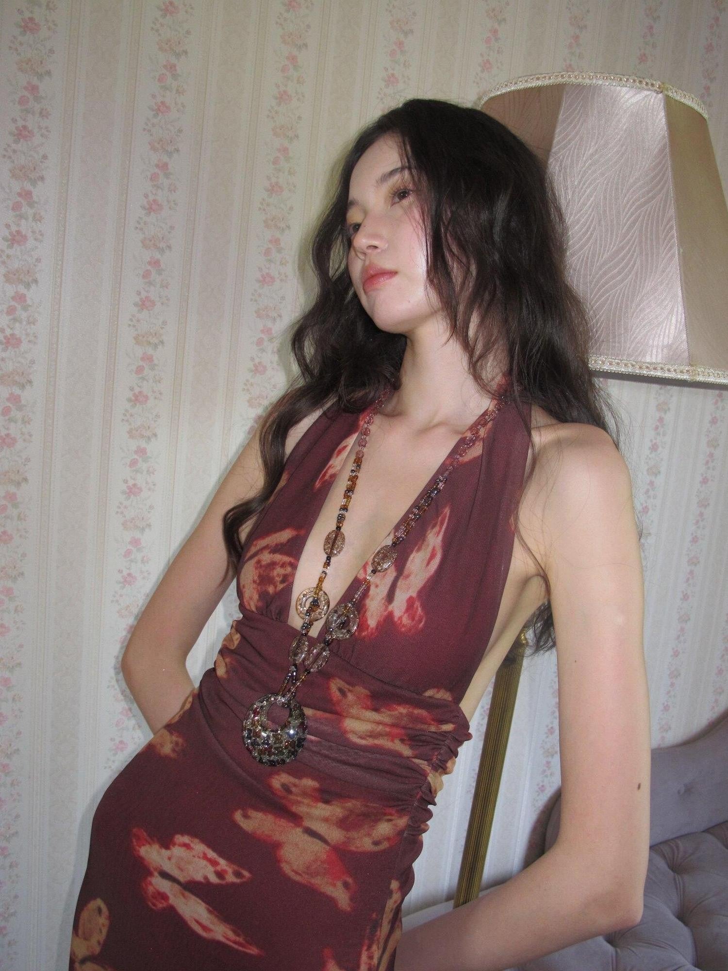 9rotic Wine Red Butterfly Print Halter V-neck Women&