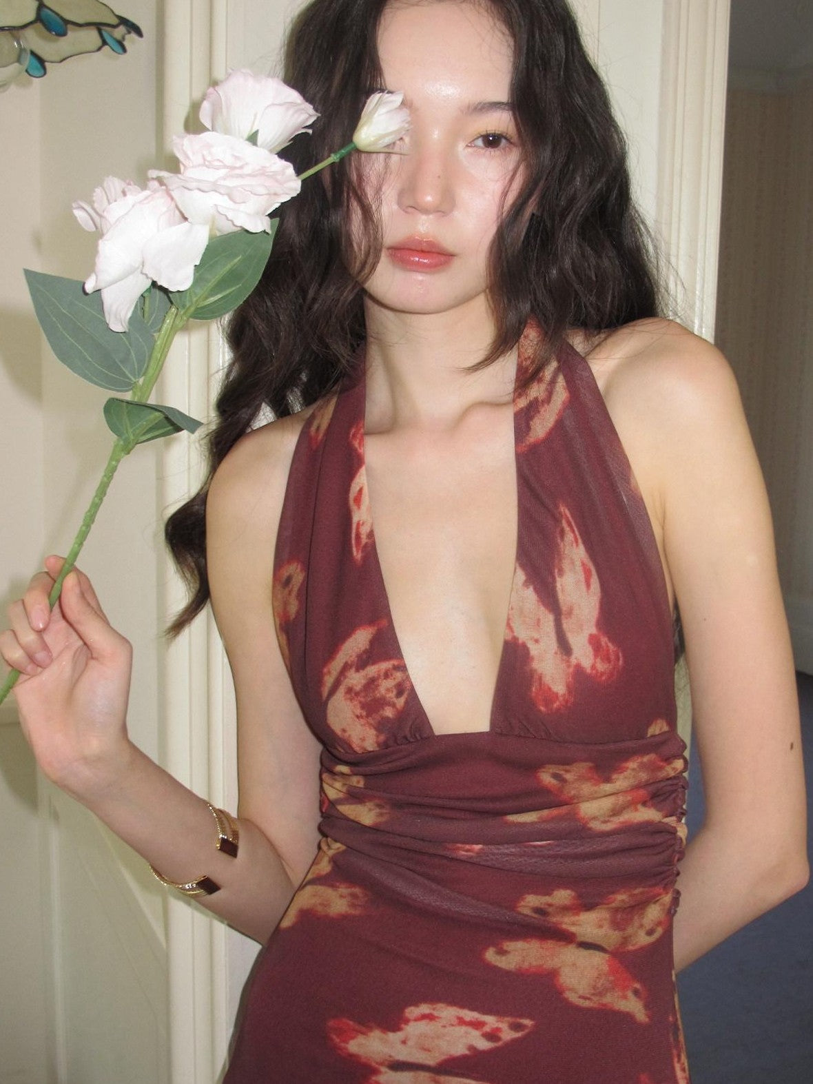 9rotic Wine Red Butterfly Print Halter V-neck Women&
