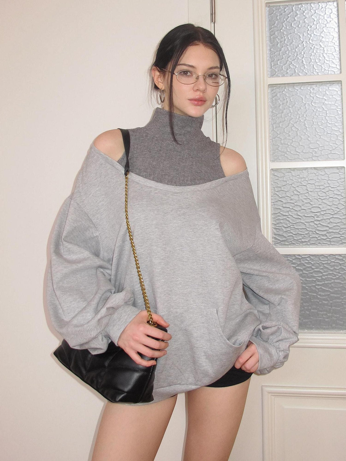 AE30 Saint Asymmetric Off Shoulder Mock Neck Slouchy Women&