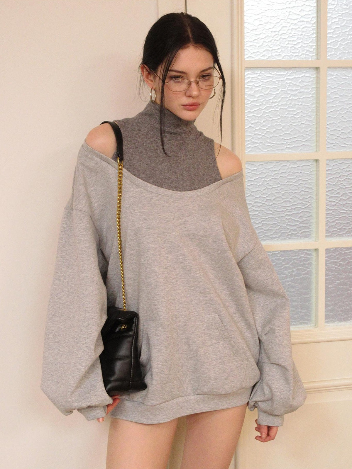 AE30 Saint Asymmetric Off Shoulder Mock Neck Slouchy Women&