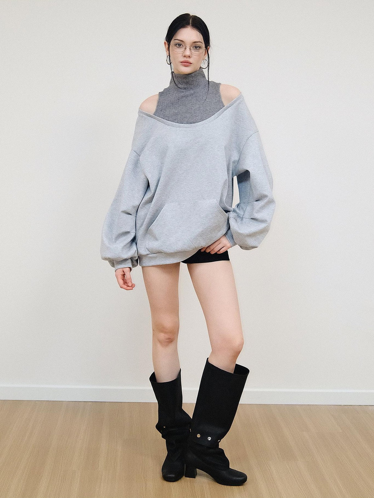 AE30 Saint Asymmetric Off Shoulder Mock Neck Slouchy Women&