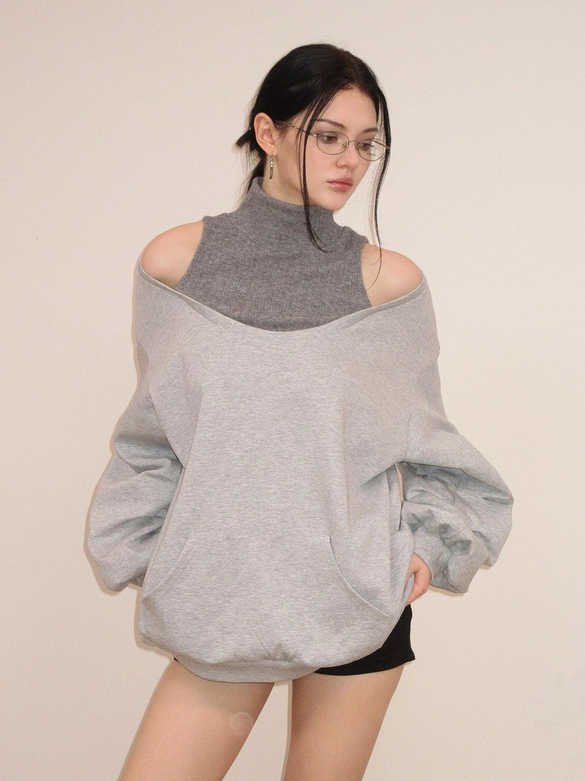AE30 Saint Asymmetric Off Shoulder Mock Neck Slouchy Women&
