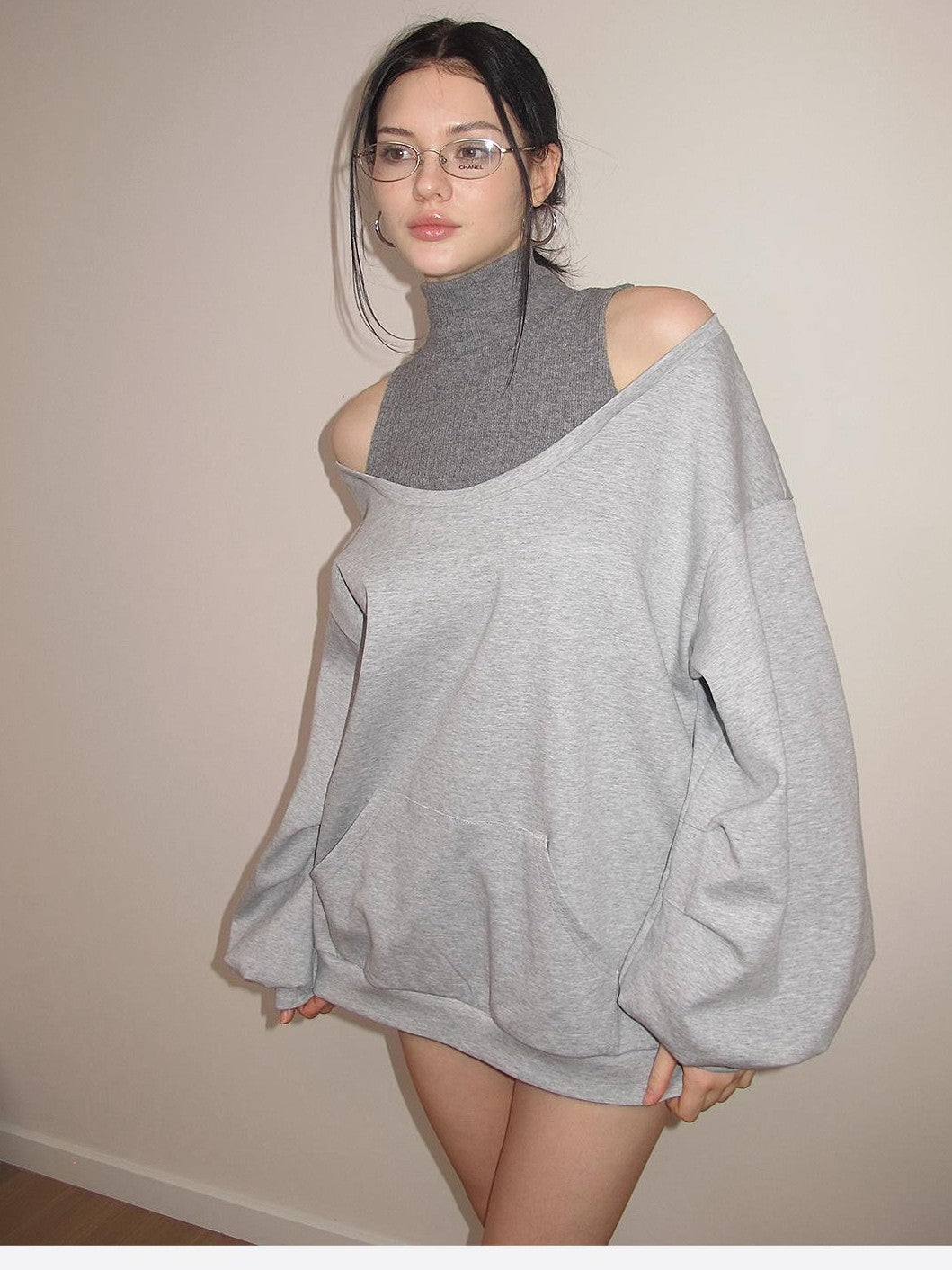 AE30 Saint Asymmetric Off Shoulder Mock Neck Slouchy Women&