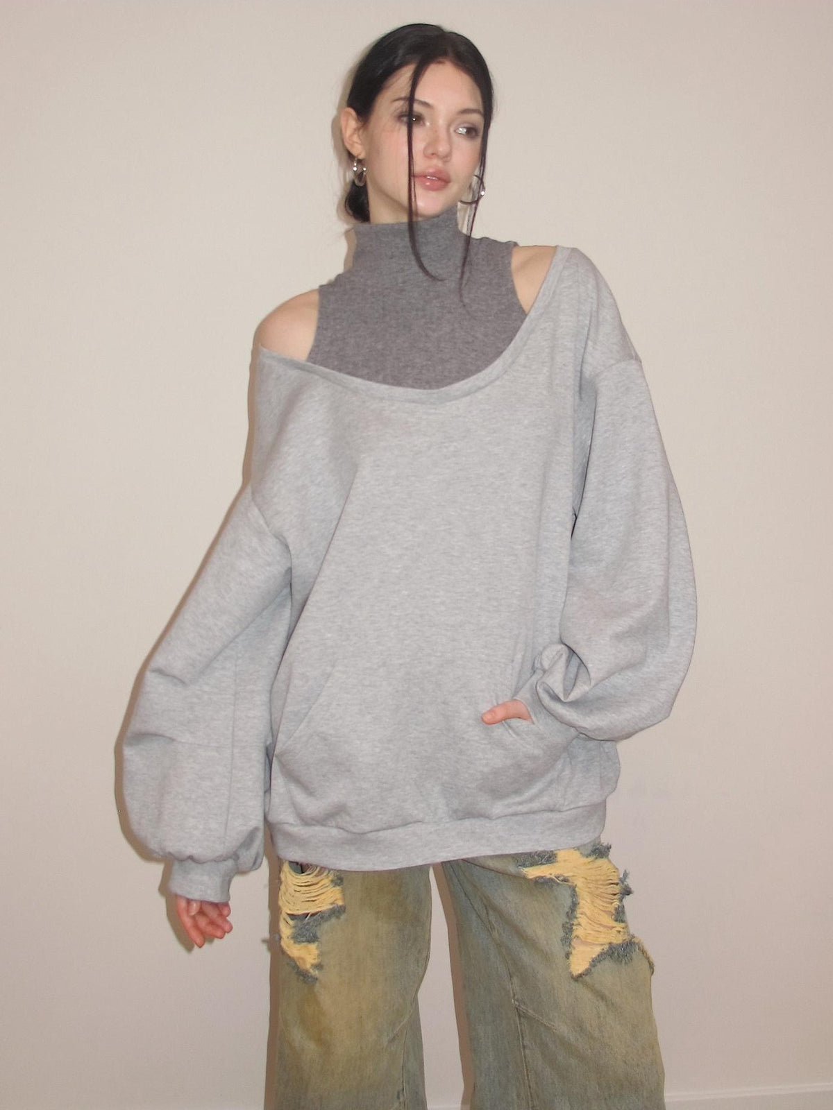 AE30 Saint Asymmetric Off Shoulder Mock Neck Slouchy Women&