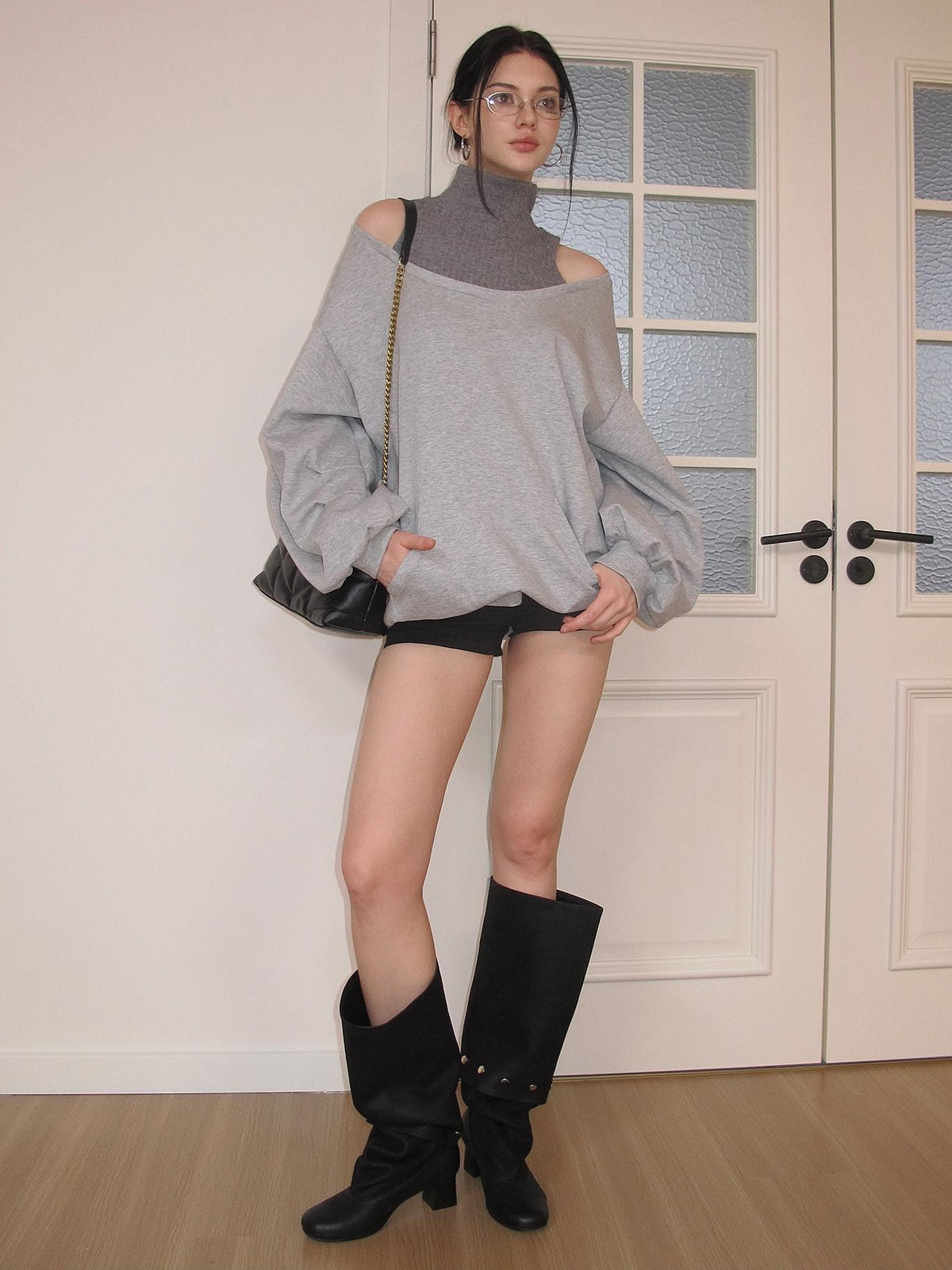 AE30 Saint Asymmetric Off Shoulder Mock Neck Slouchy Women&