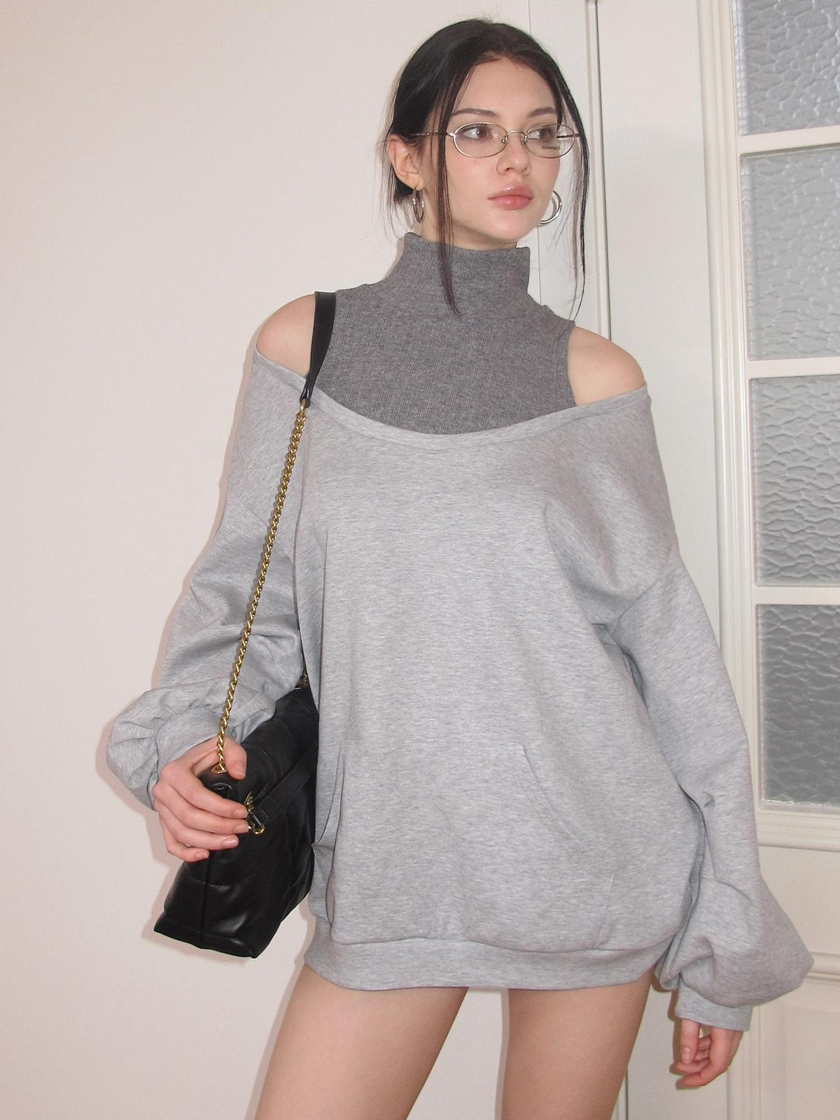 AE30 Saint Asymmetric Off Shoulder Mock Neck Slouchy Women&