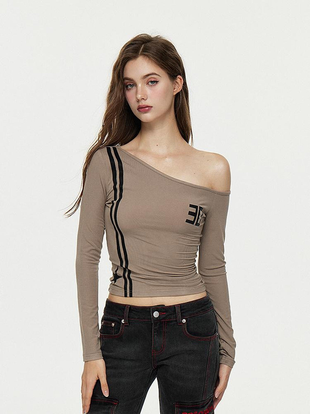 AE30 Saint Asymmetric One Shoulder Print Slant Neck Women&