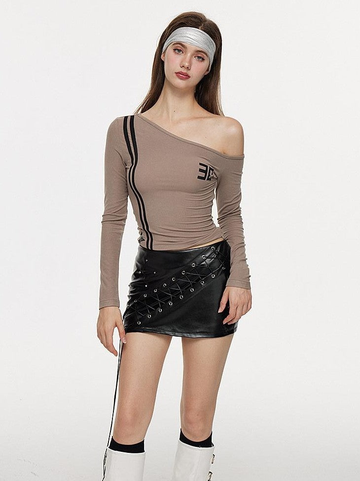 AE30 Saint Asymmetric One Shoulder Print Slant Neck Women&