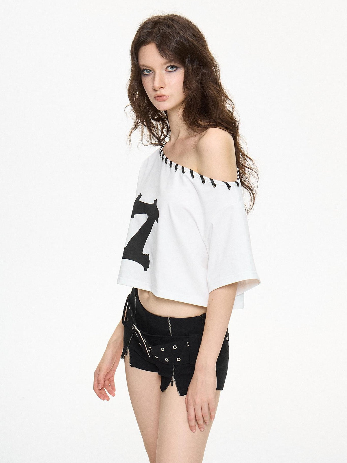 AE30 Saint Graphic Print Asymmetric Neck Loose Fit Cotton Blend Women&