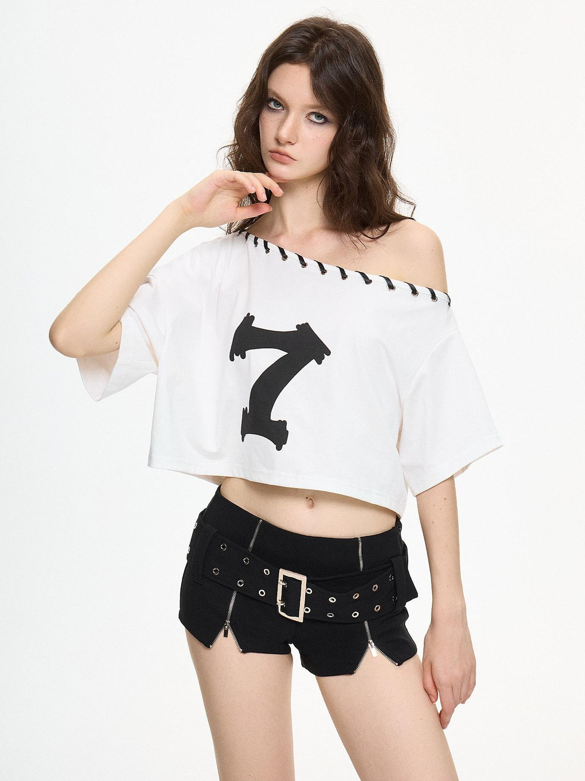 AE30 Saint Graphic Print Asymmetric Neck Loose Fit Cotton Blend Women&