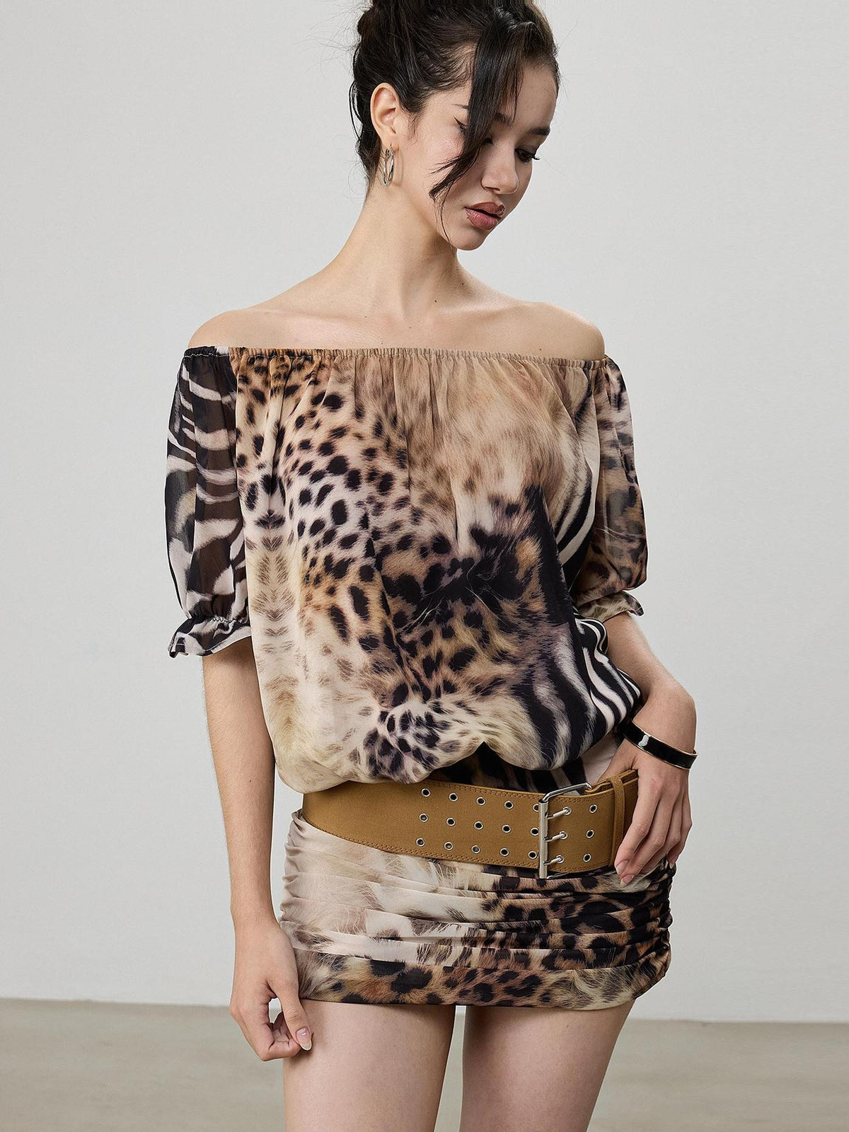 AE30 Saint Leopard Print Ruched Puff Sleeve Bodycon Women&