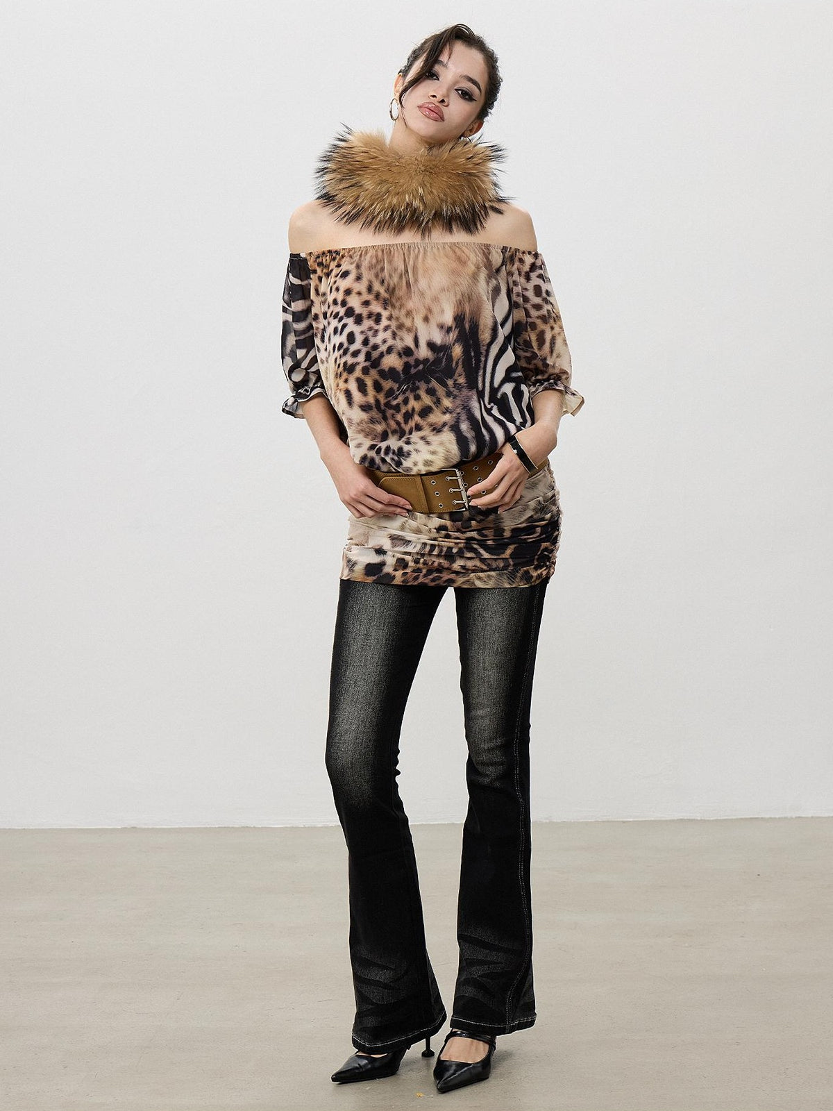 AE30 Saint Leopard Print Ruched Puff Sleeve Bodycon Women&