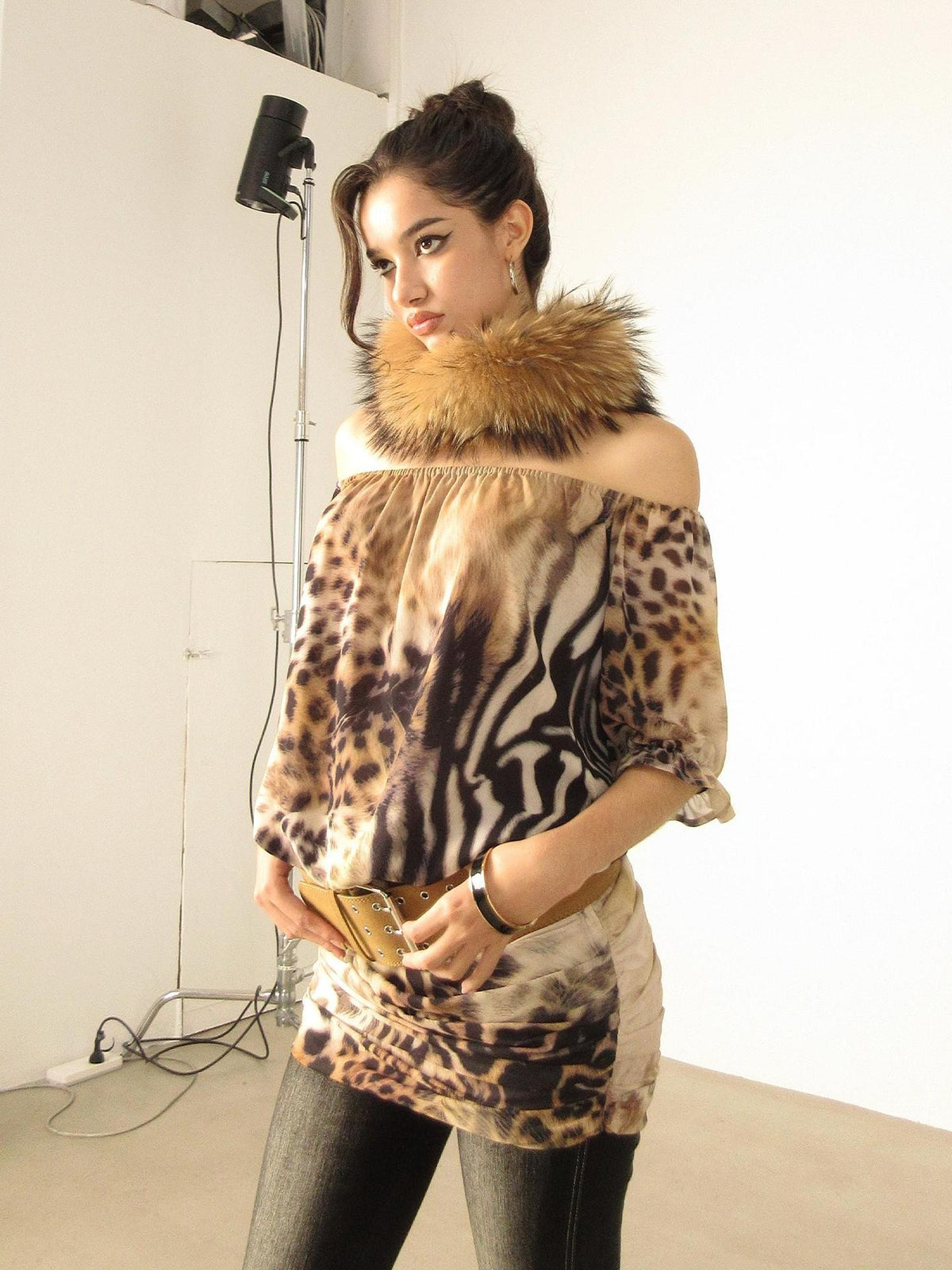 AE30 Saint Leopard Print Ruched Puff Sleeve Bodycon Women&