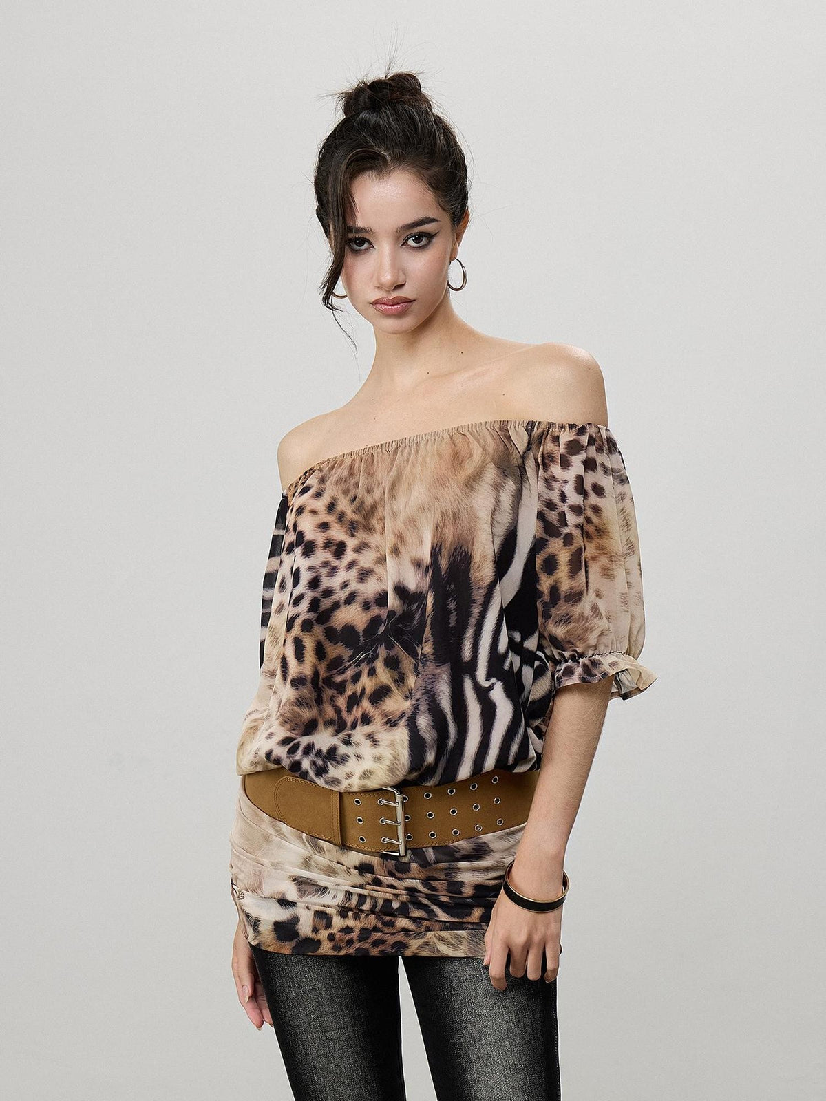 AE30 Saint Leopard Print Ruched Puff Sleeve Bodycon Women&