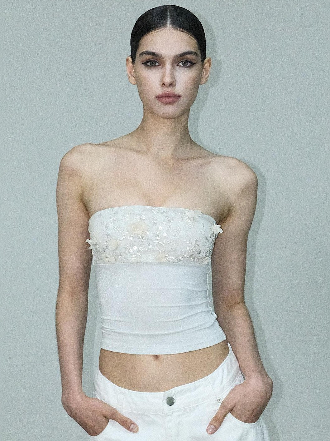 AE30 Saint Sequin Embroidered Beaded Mesh Panel Slim Fit Women&