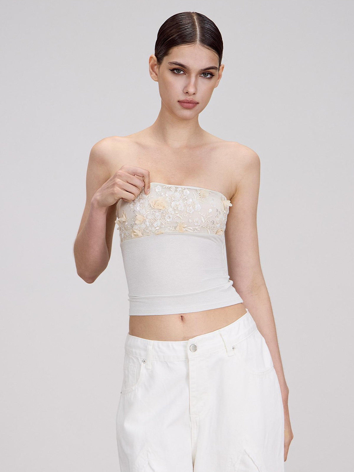 AE30 Saint Sequin Embroidered Beaded Mesh Panel Slim Fit Women&