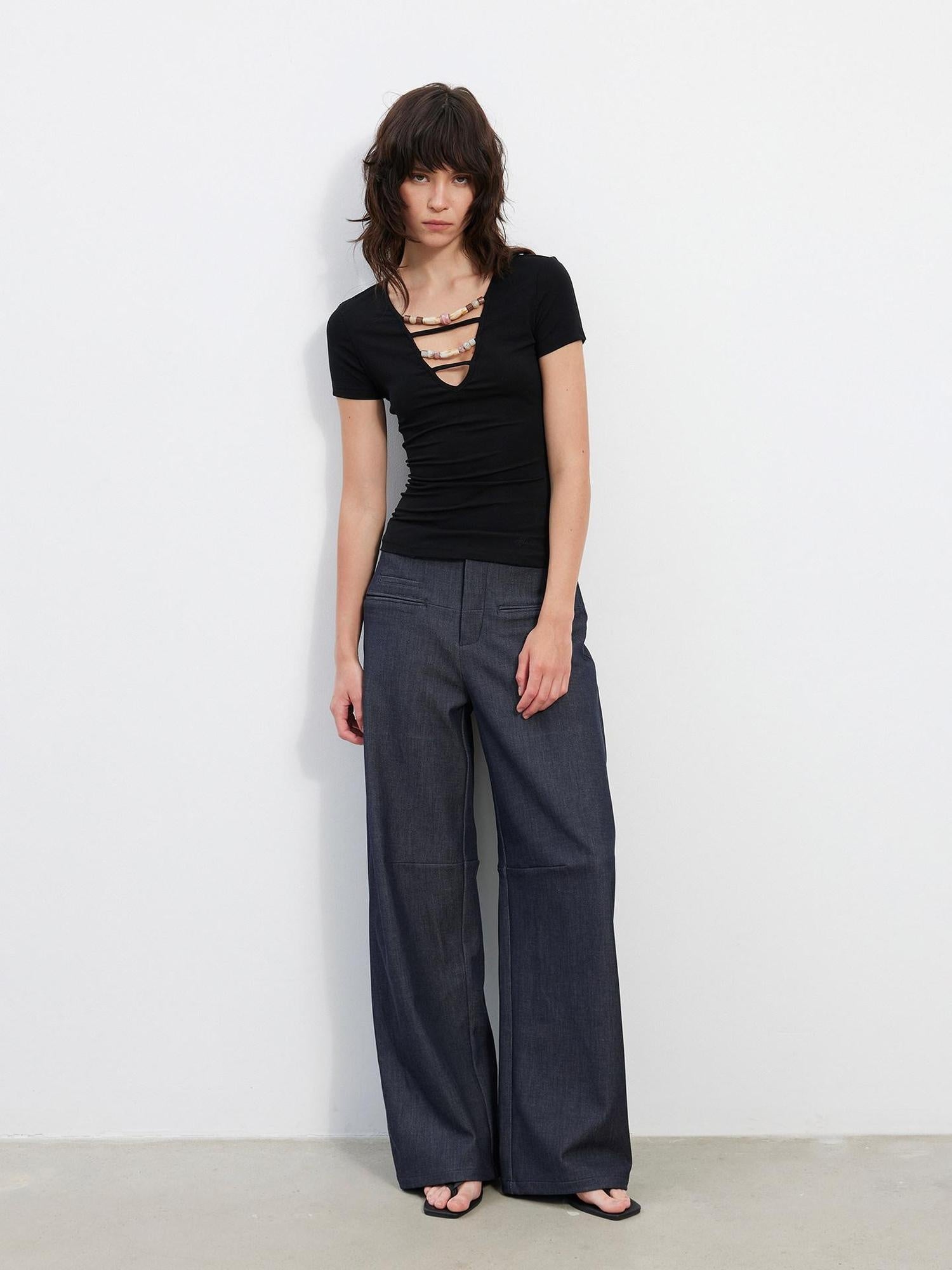 AFTADAWN 3D Tailored Natural Waist Wide Leg Casual Women Pockets Mohair Blend Pants