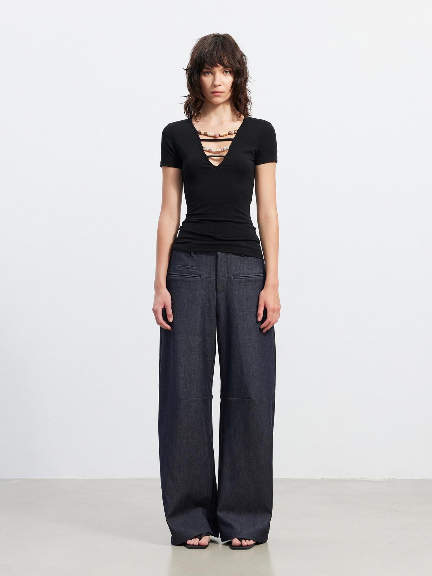 AFTADAWN 3D Tailored Natural Waist Wide Leg Casual Women Pockets Mohair Blend Pants