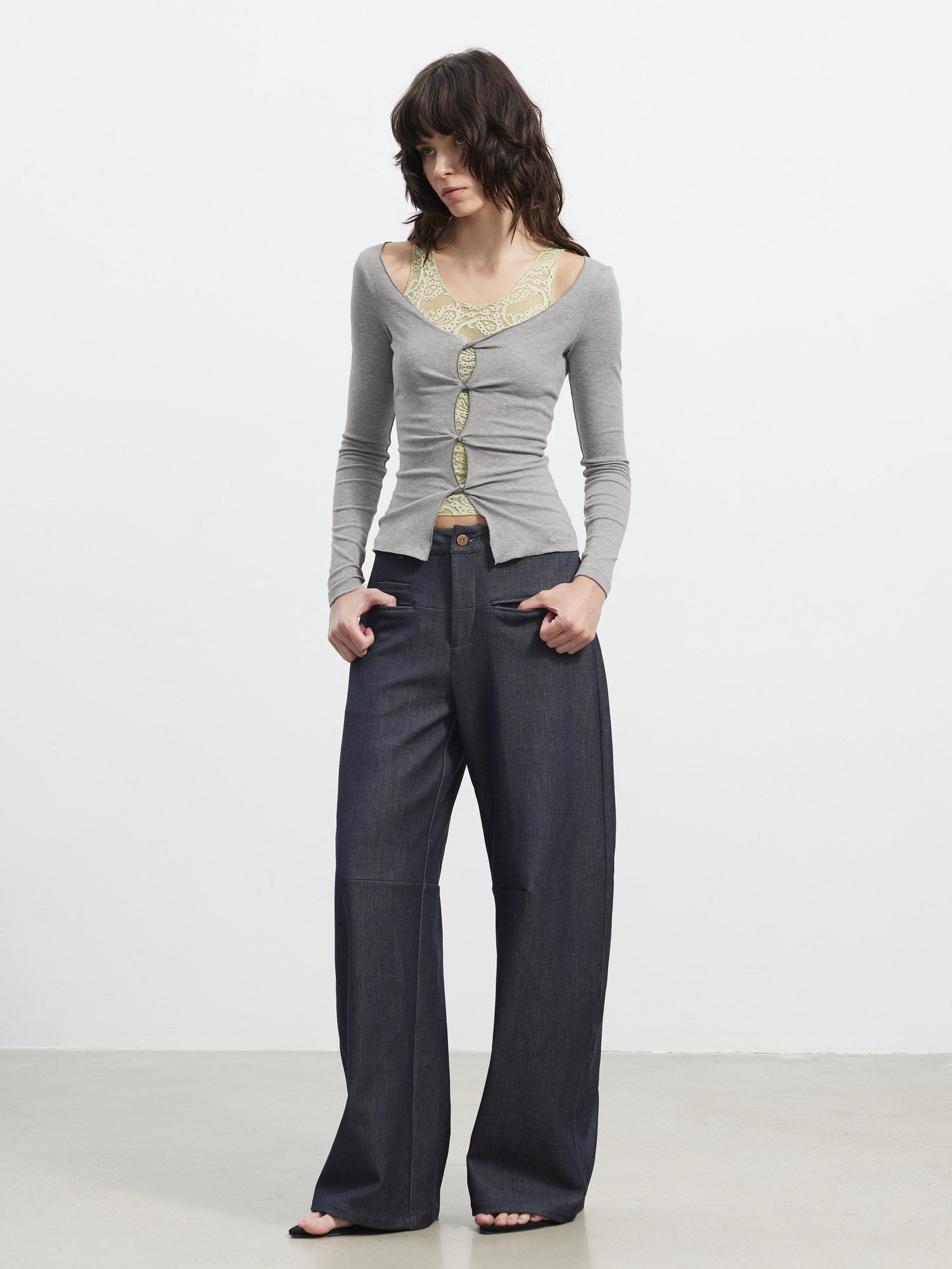 AFTADAWN 3D Tailored Natural Waist Wide Leg Casual Women Pockets Mohair Blend Pants