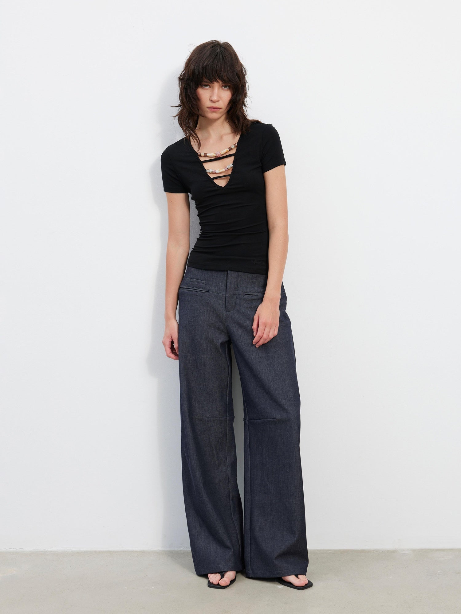 AFTADAWN 3D Tailored Natural Waist Wide Leg Casual Women Pockets Mohair Blend Pants