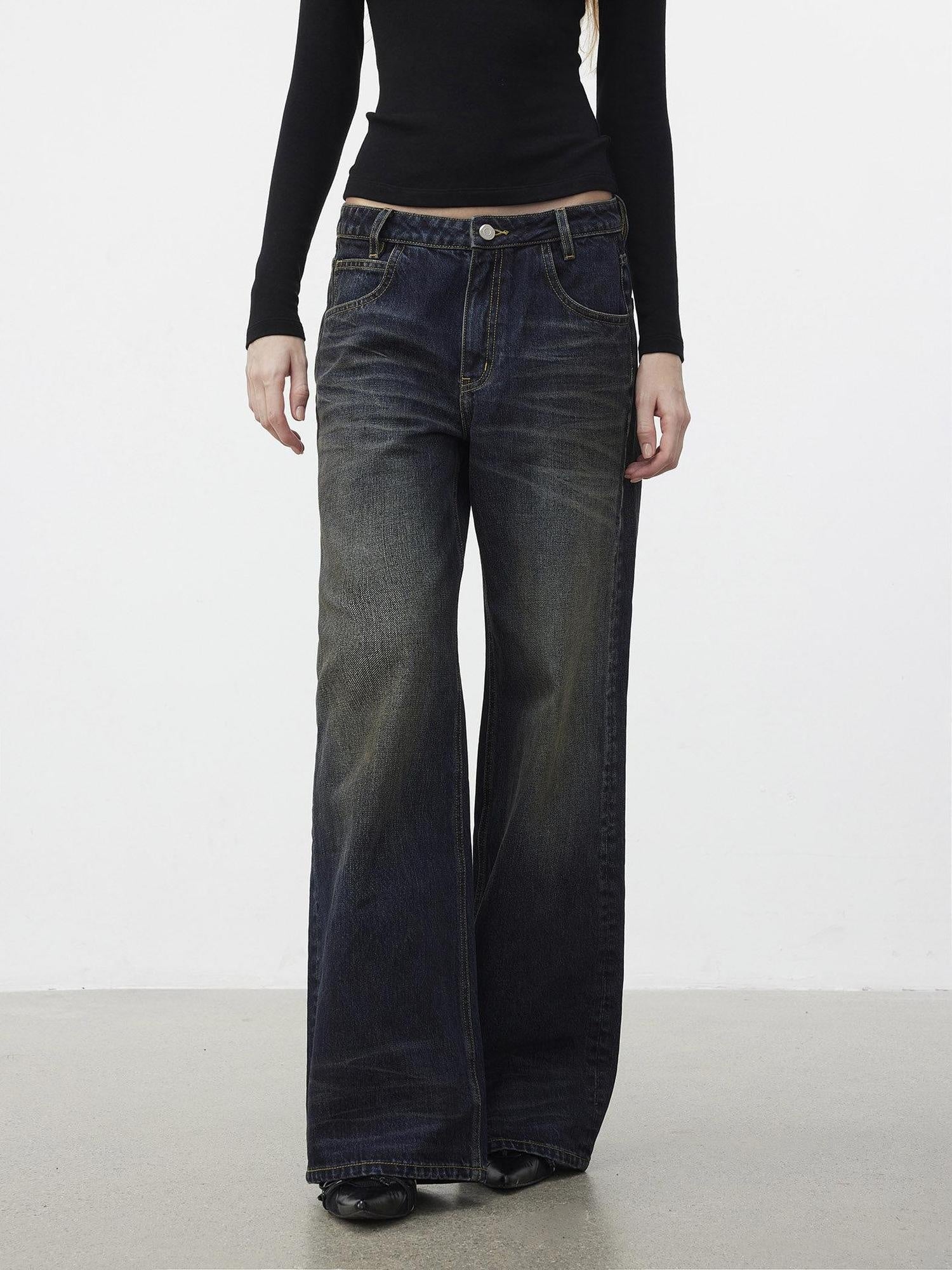 AFTADAWN 96% Cotton Stretch Distressed Wash Straight Natural Waist Zipper Fly Jeans