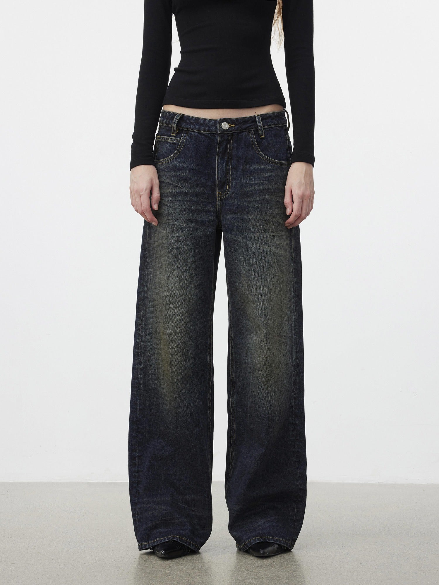 AFTADAWN 96% Cotton Stretch Distressed Wash Straight Natural Waist Zipper Fly Jeans