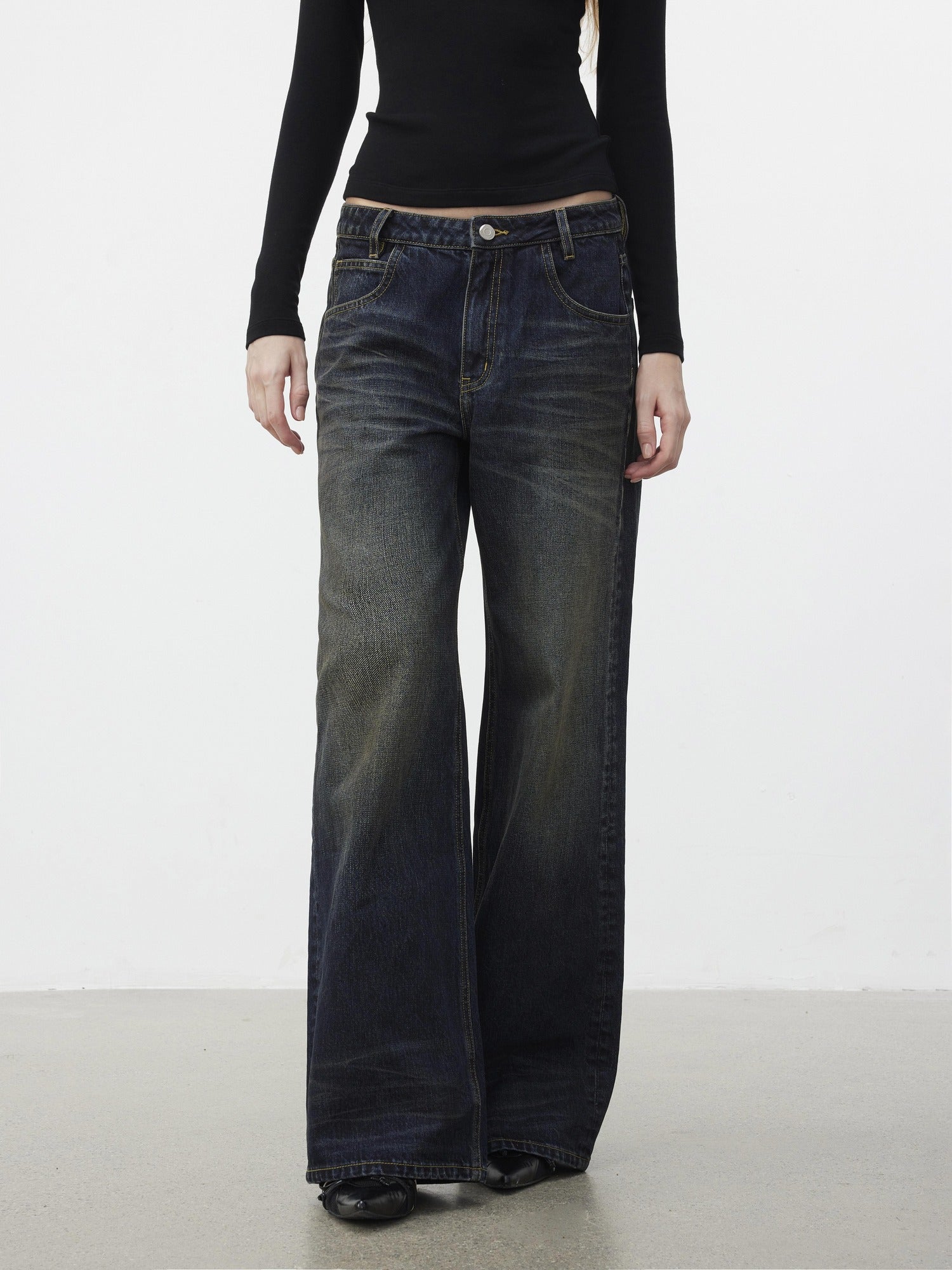 AFTADAWN 96% Cotton Stretch Distressed Wash Straight Natural Waist Zipper Fly Jeans