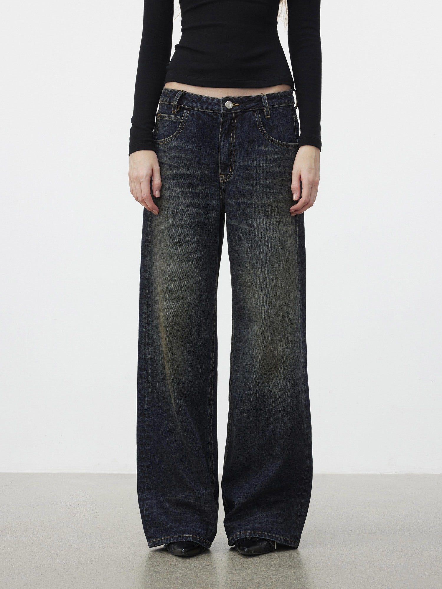 AFTADAWN 96% Cotton Stretch Distressed Wash Straight Natural Waist Zipper Fly Jeans