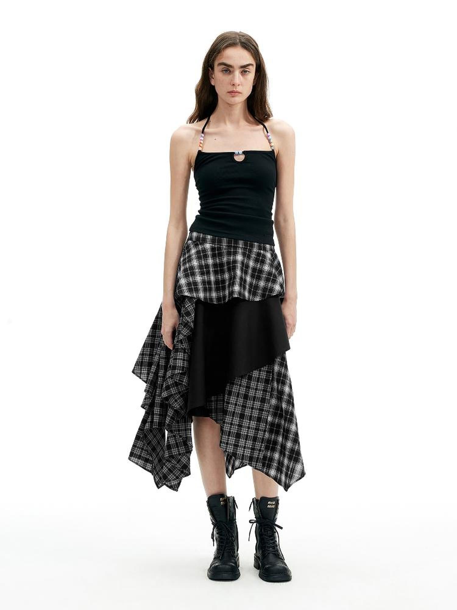 AFTADAWN A Line Asymmetric Checkered Patchwork Midi Skirt