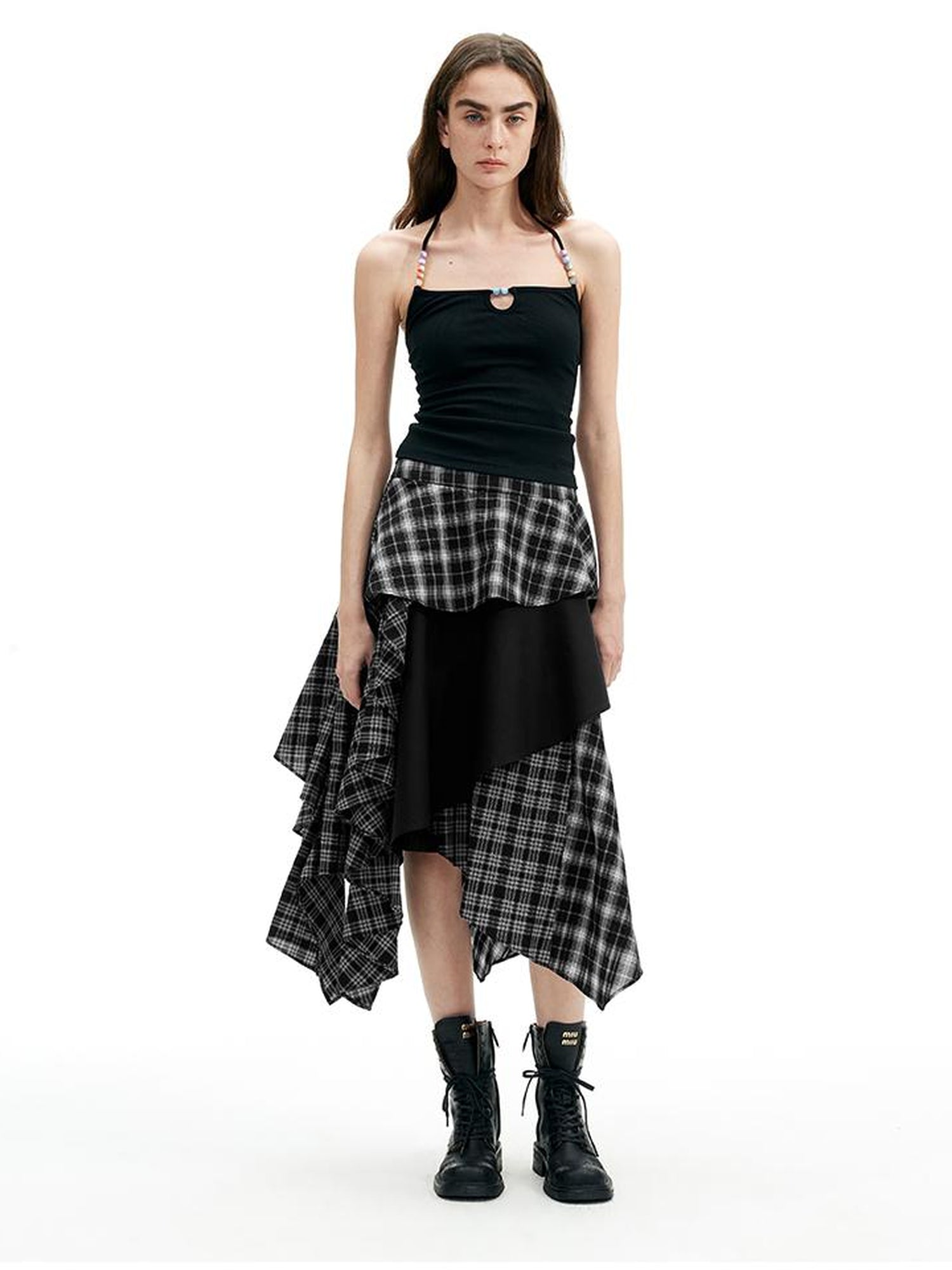 AFTADAWN A Line Asymmetric Checkered Patchwork Midi Skirt