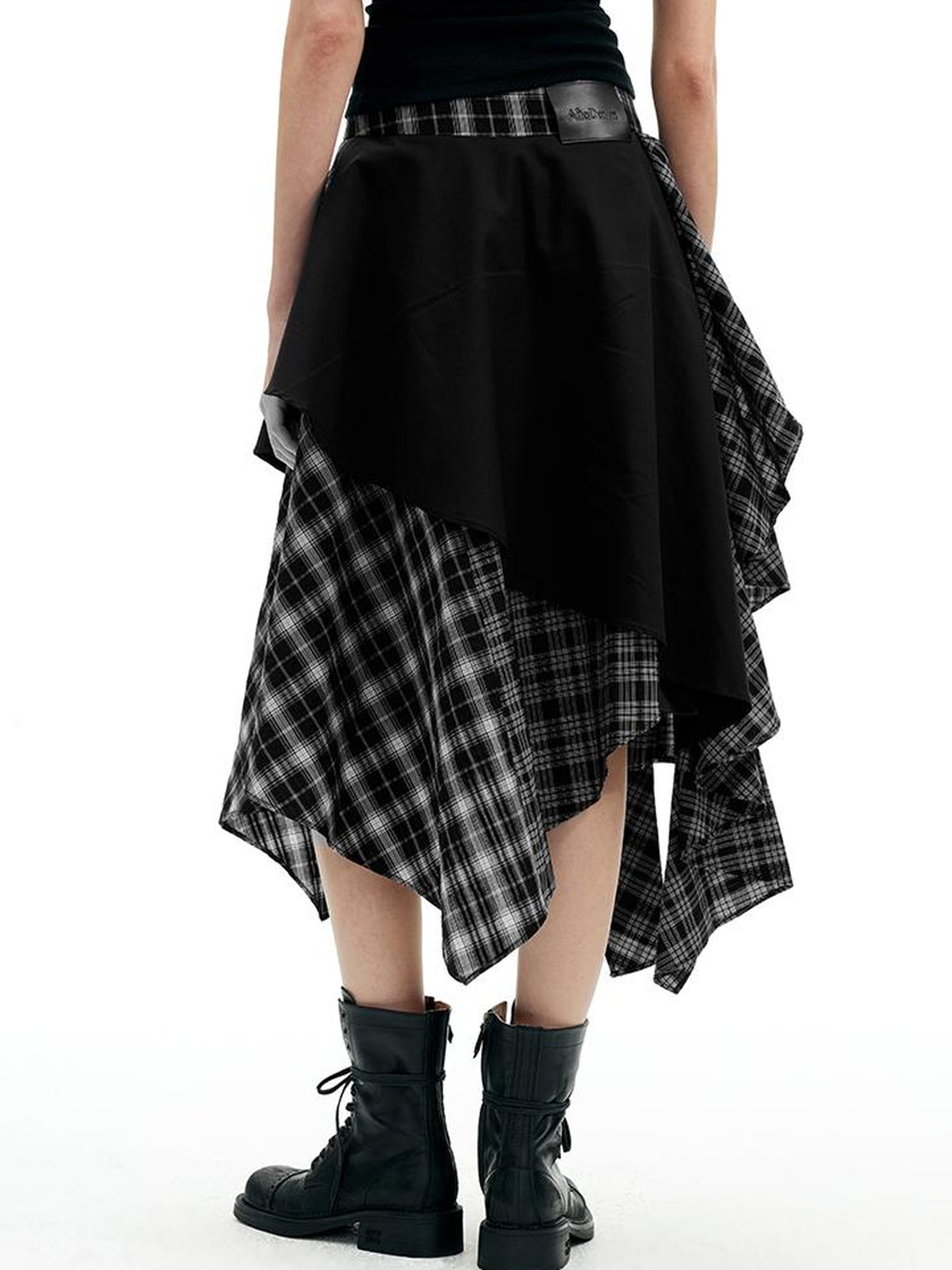 AFTADAWN A Line Asymmetric Checkered Patchwork Midi Skirt