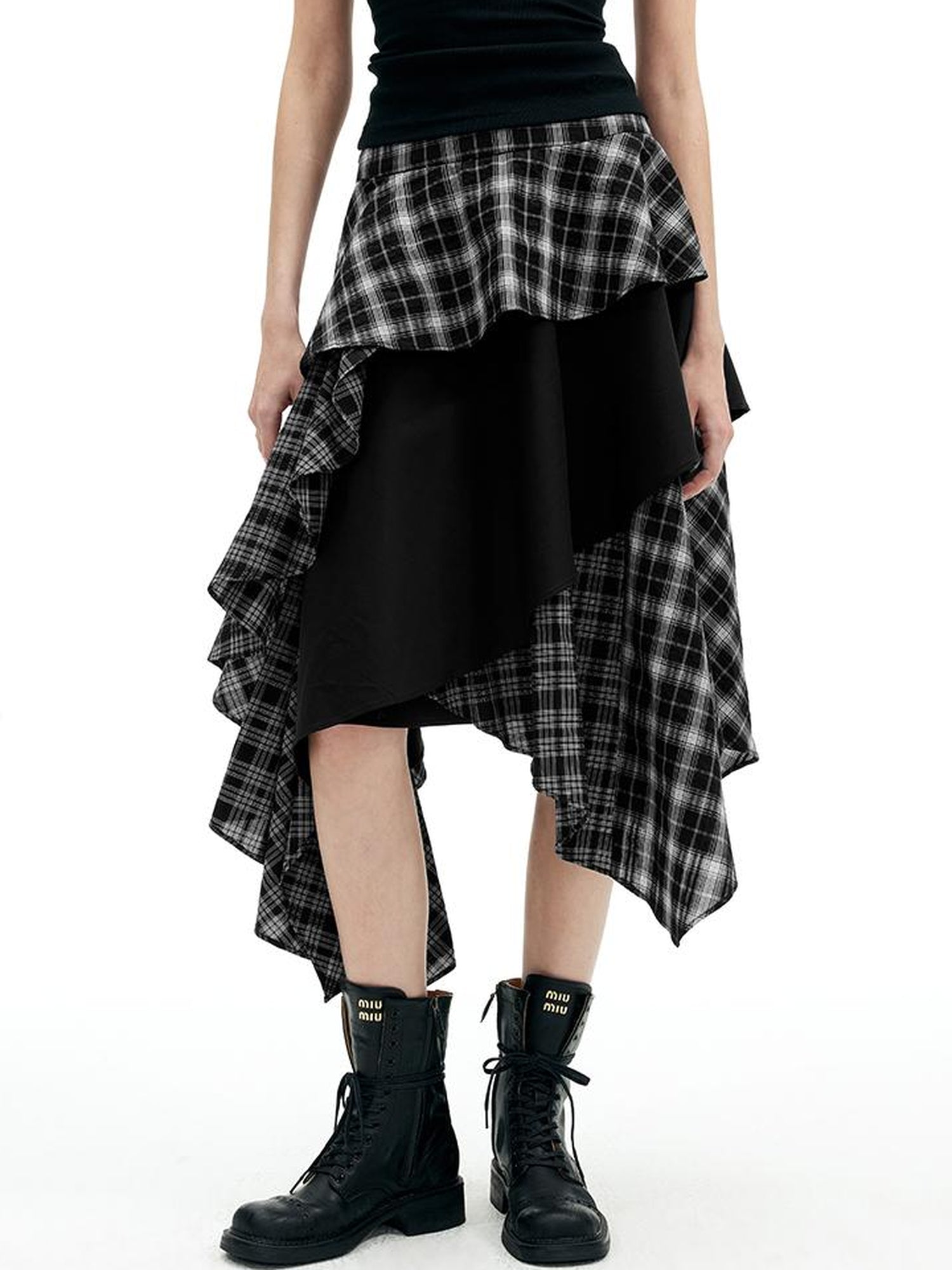 AFTADAWN A Line Asymmetric Checkered Patchwork Midi Skirt