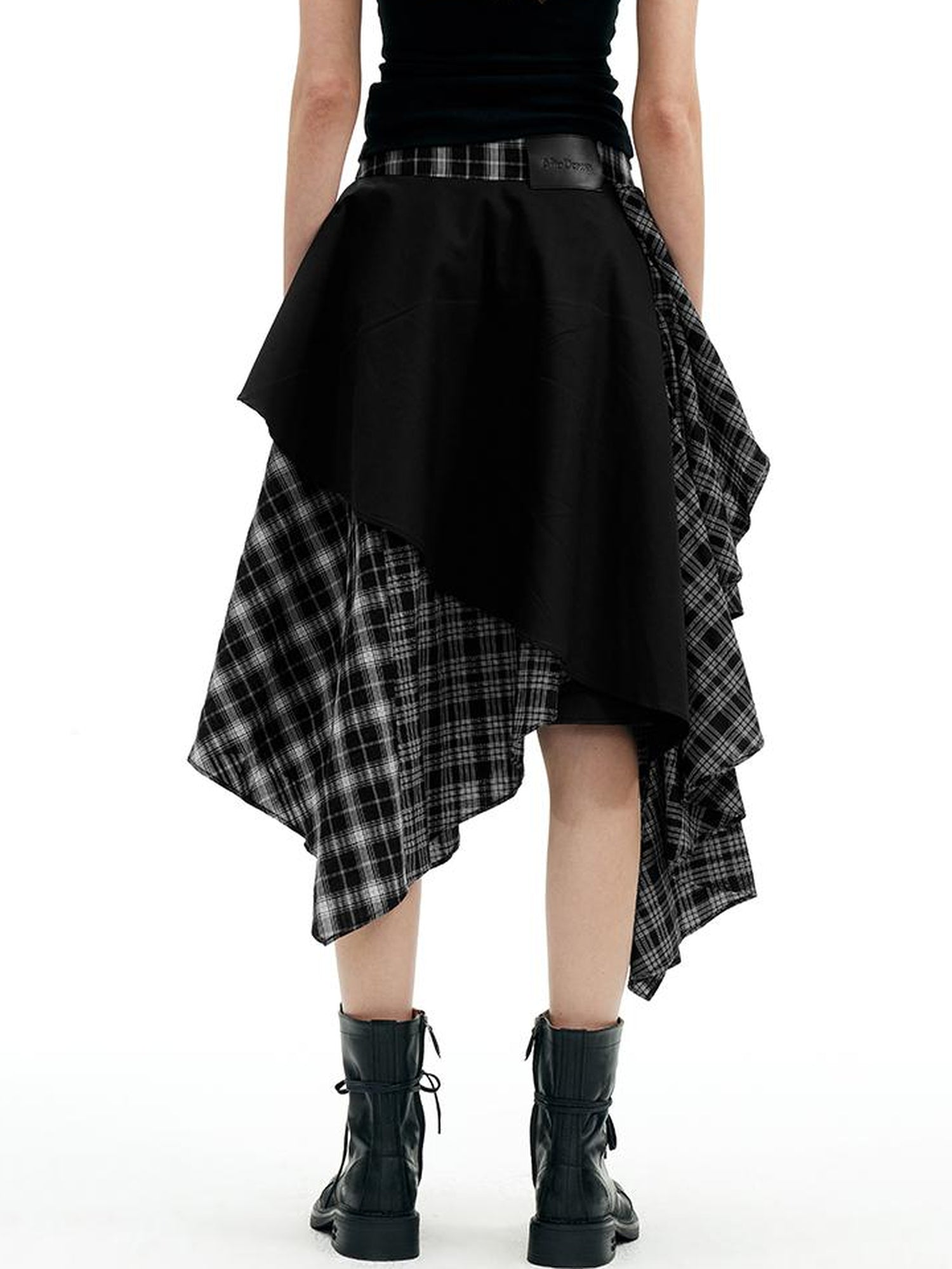 AFTADAWN A Line Asymmetric Checkered Patchwork Midi Skirt