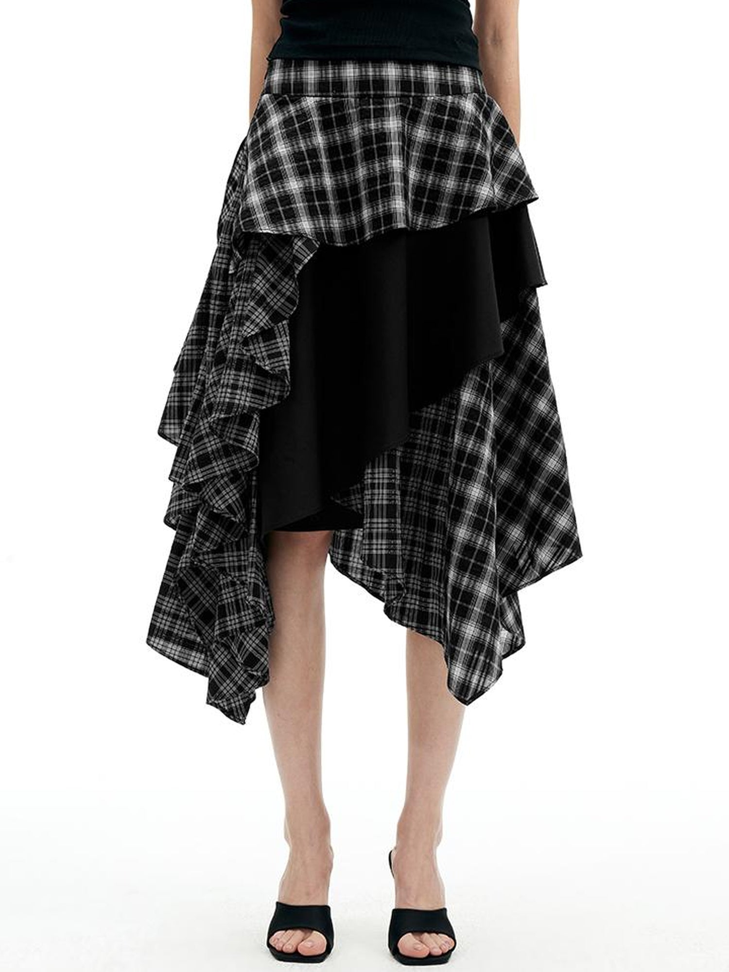 AFTADAWN A Line Asymmetric Checkered Patchwork Midi Skirt