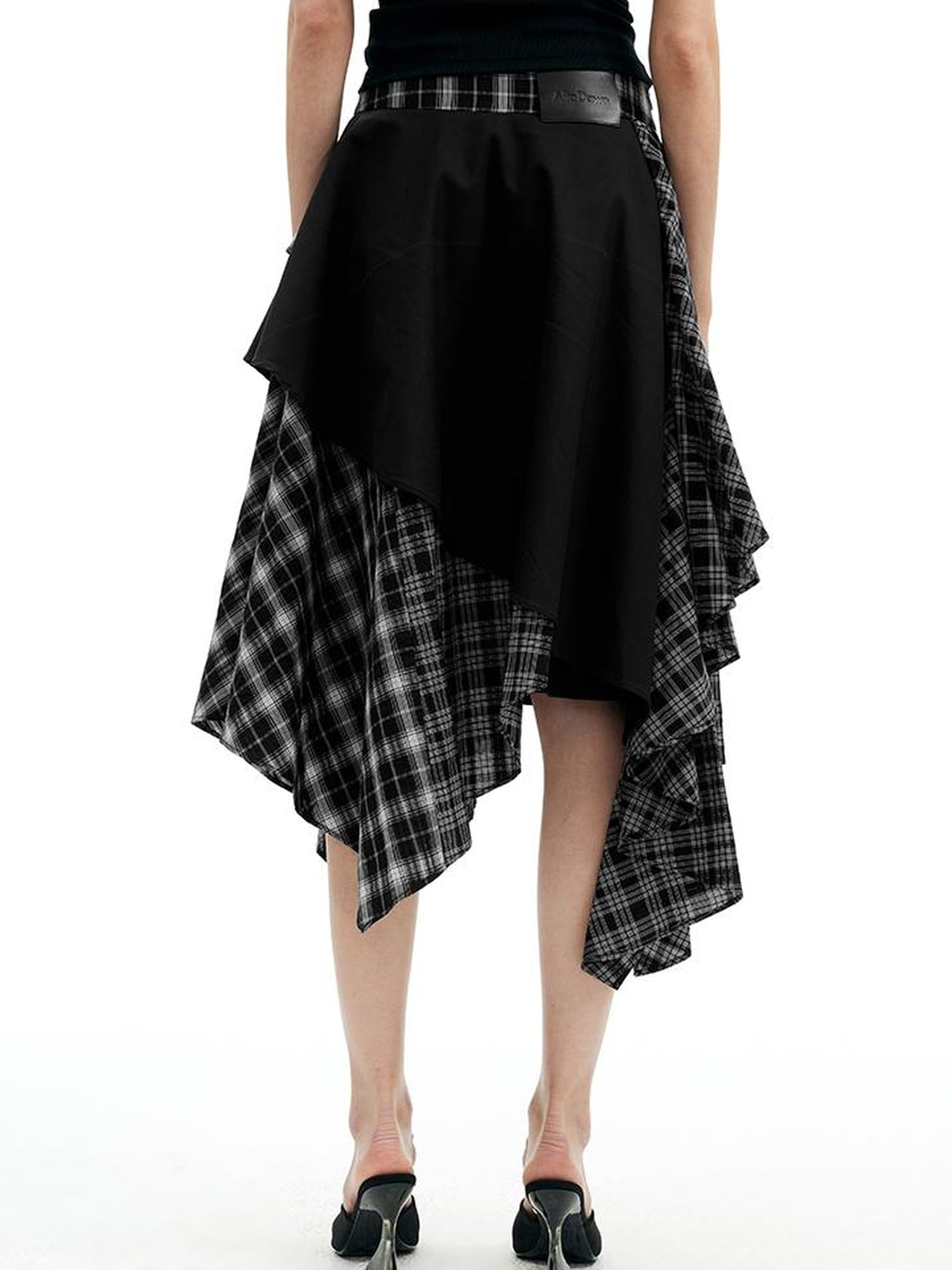 AFTADAWN A Line Asymmetric Checkered Patchwork Midi Skirt