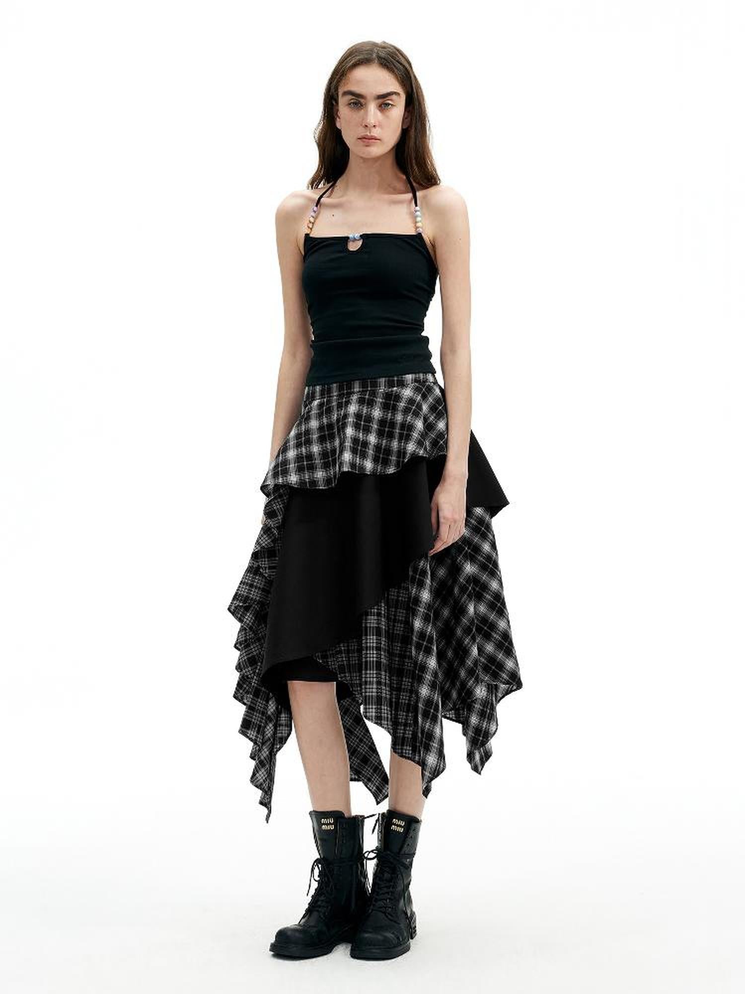 AFTADAWN A Line Asymmetric Checkered Patchwork Midi Skirt