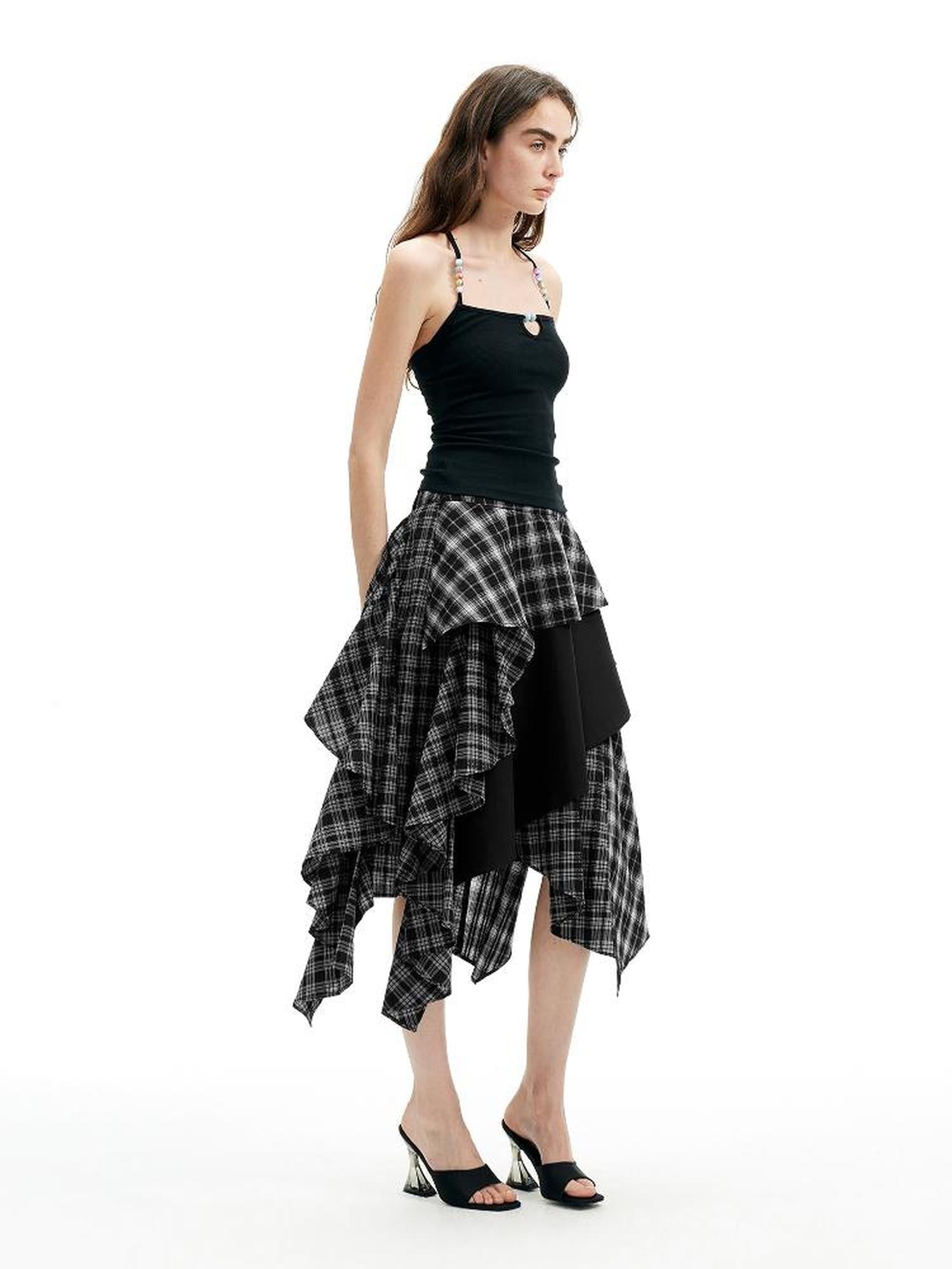 AFTADAWN A Line Asymmetric Checkered Patchwork Midi Skirt